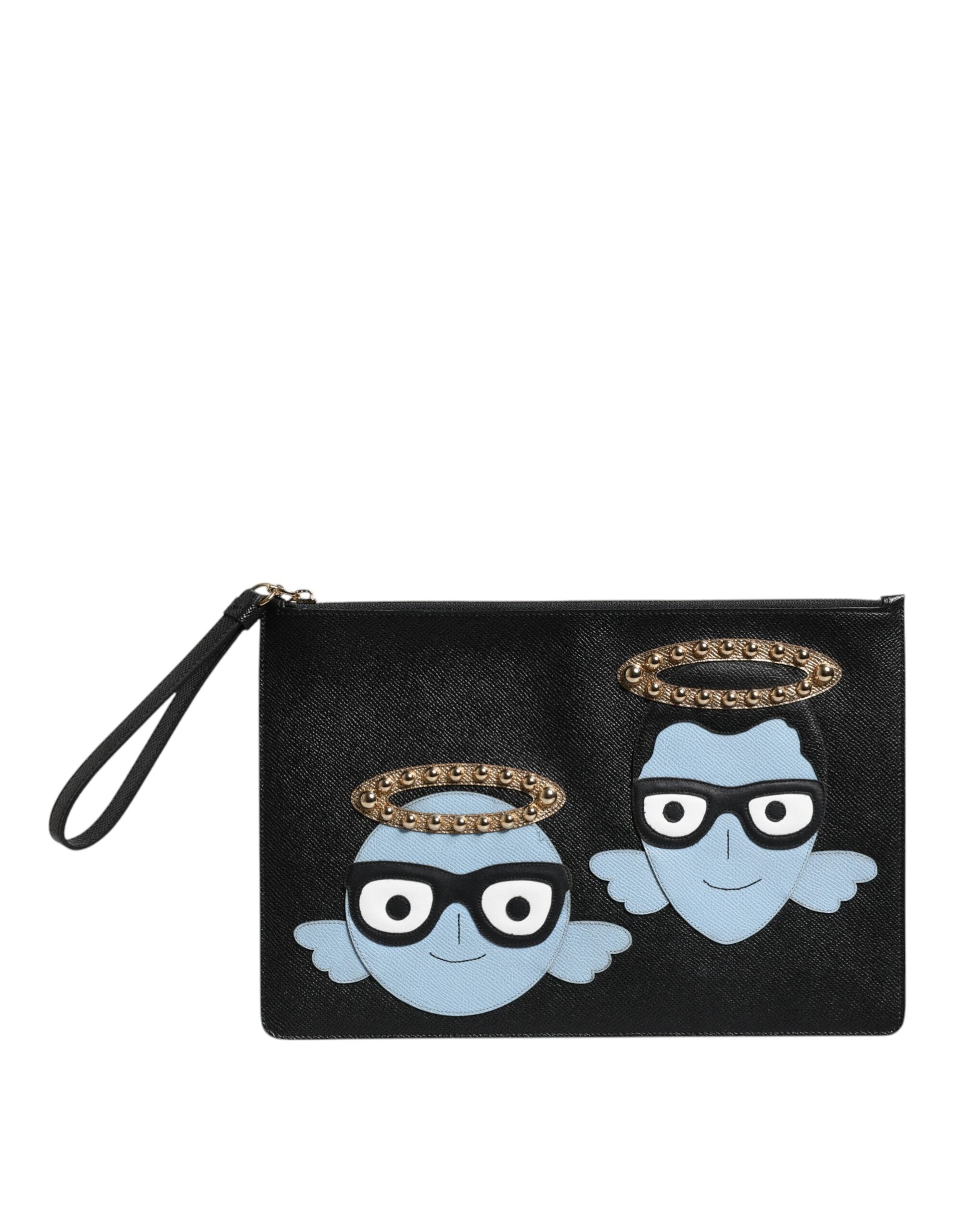 Black Leather #DGFAMILY Embellished Men Zip Pouch Bag - ventzia