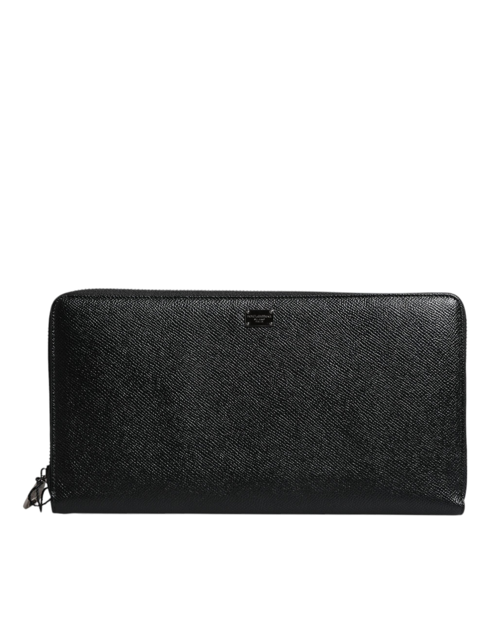 Black Calfskin Leather Logo Zip Around Continental Wallet - ventzia