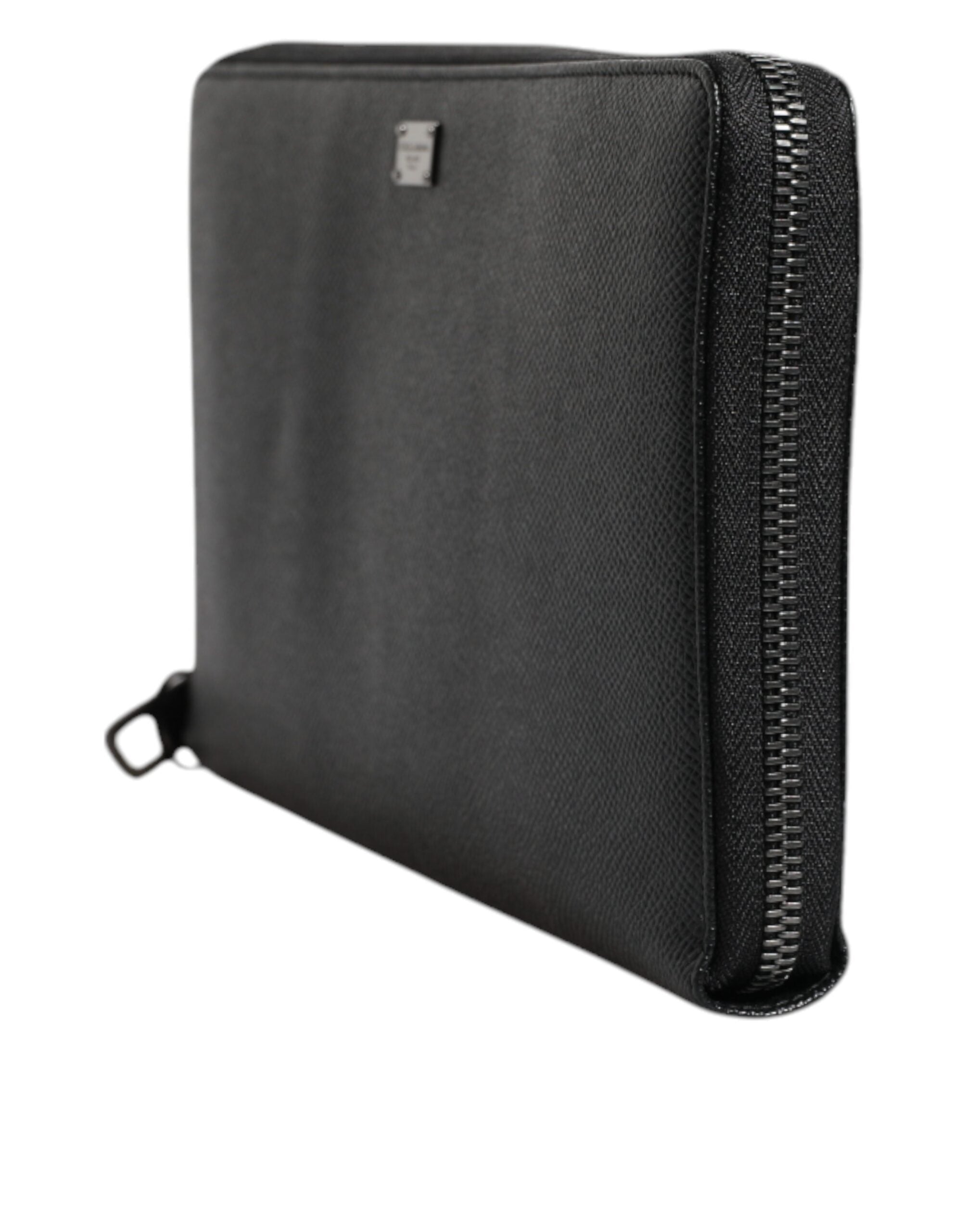 Black Calfskin Leather Logo Zip Around Continental Wallet - ventzia