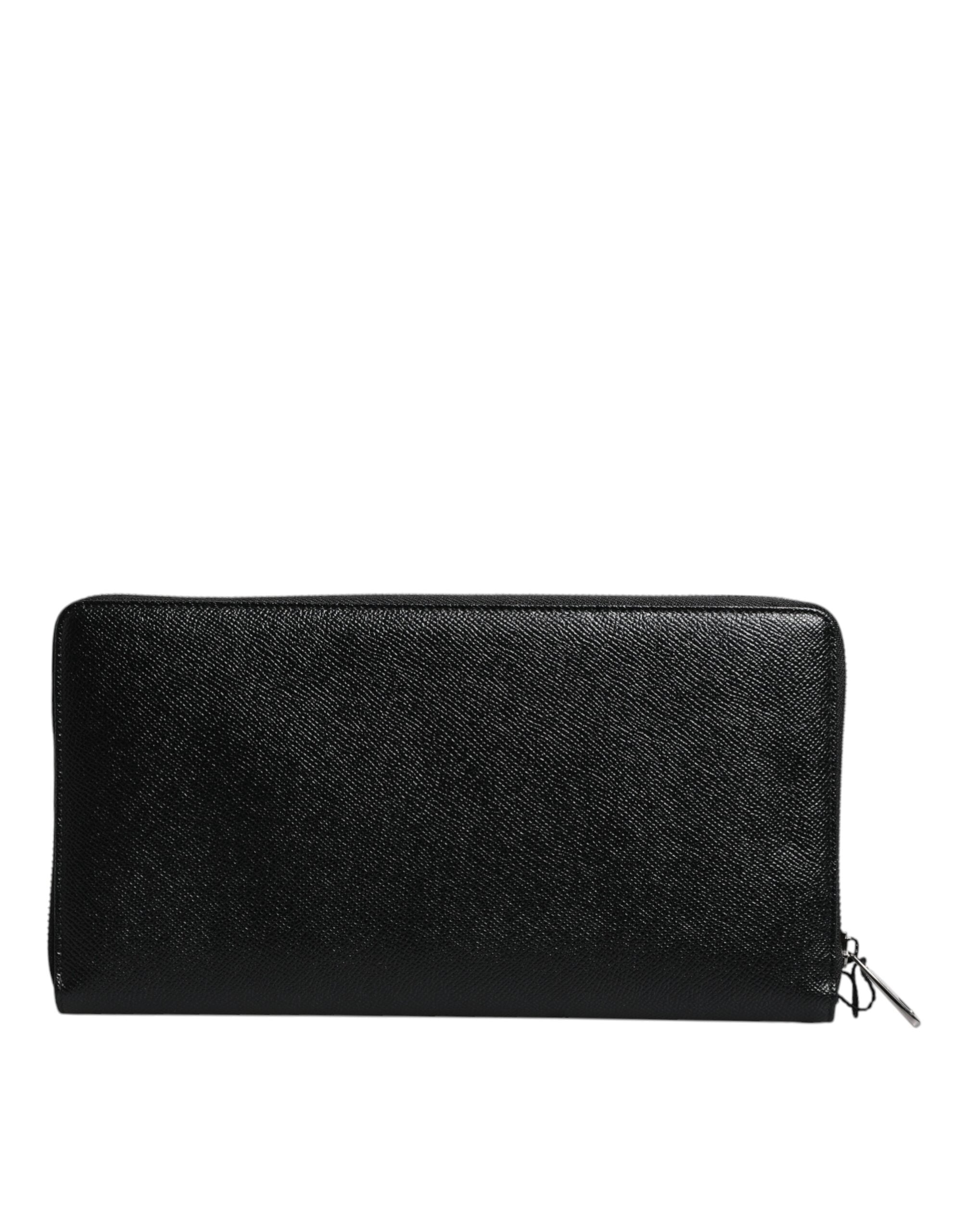 Black Calfskin Leather Logo Zip Around Continental Wallet - ventzia