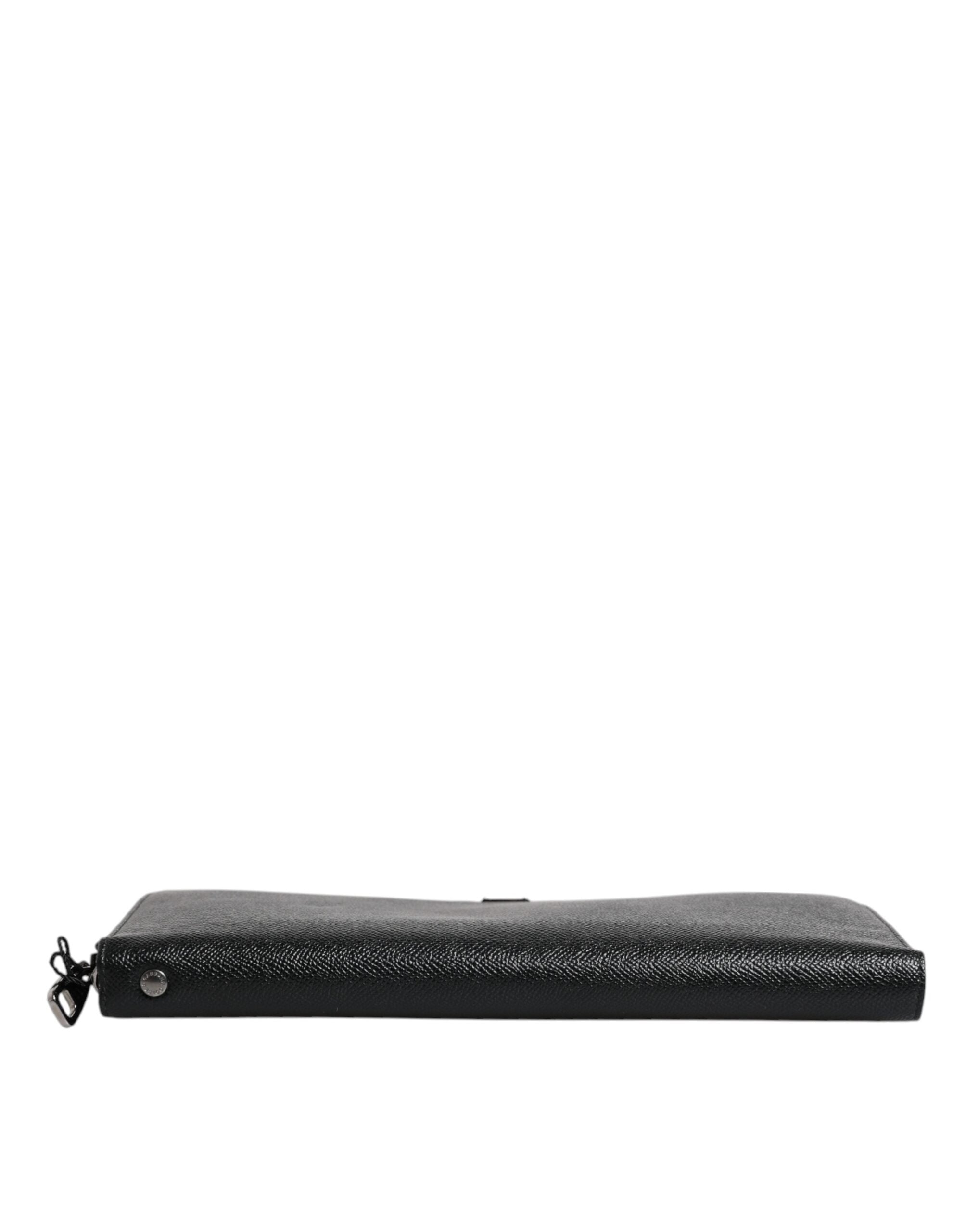 Black Calfskin Leather Logo Zip Around Continental Wallet - ventzia
