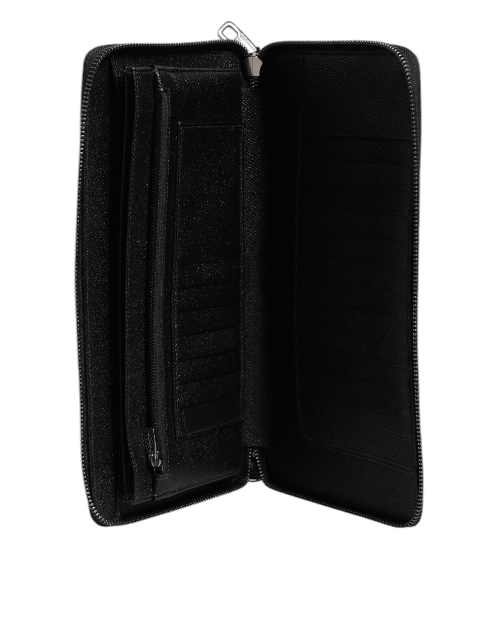 Black Calfskin Leather Logo Zip Around Continental Wallet - ventzia