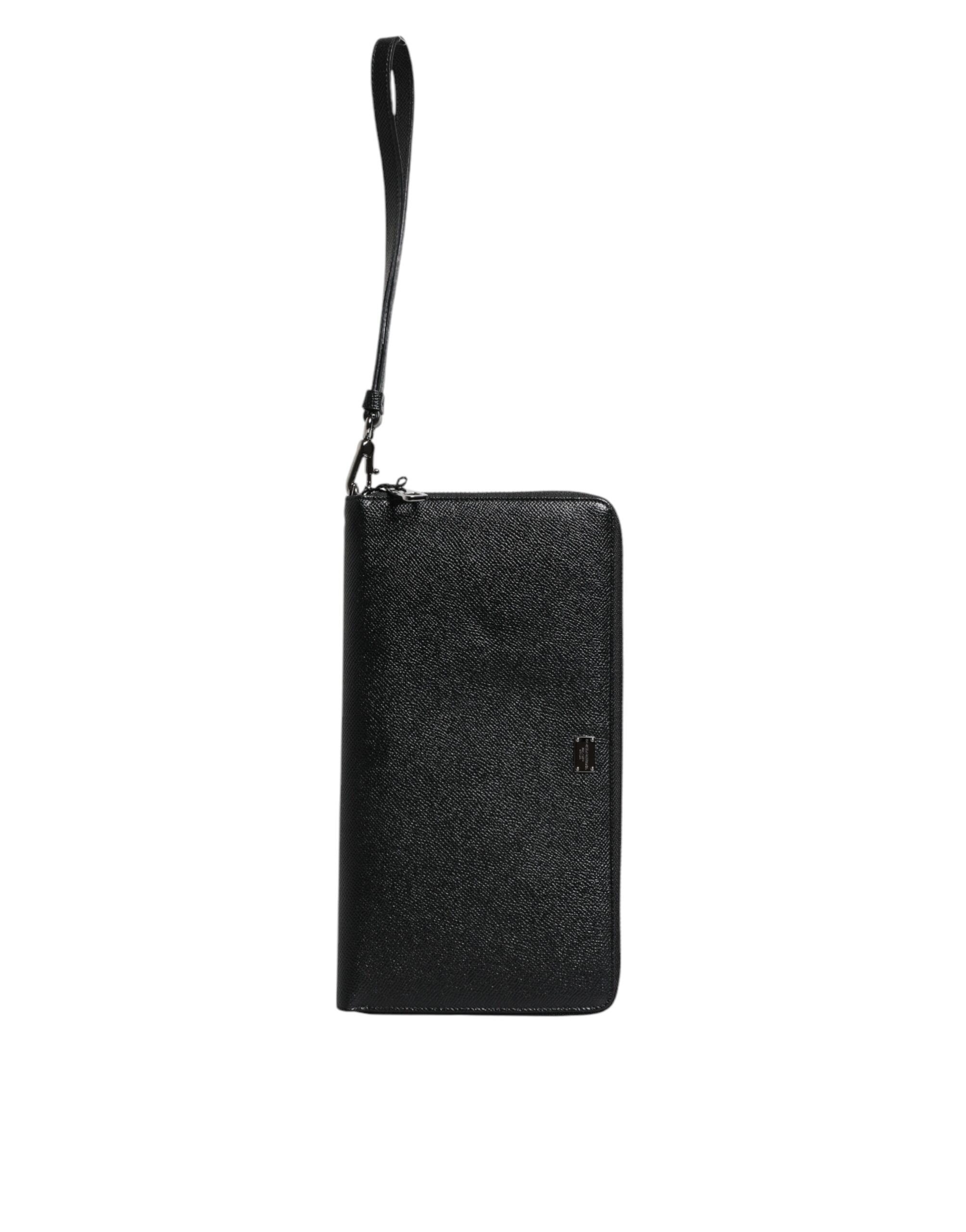 Black Calfskin Leather Logo Zip Around Continental Wallet - ventzia
