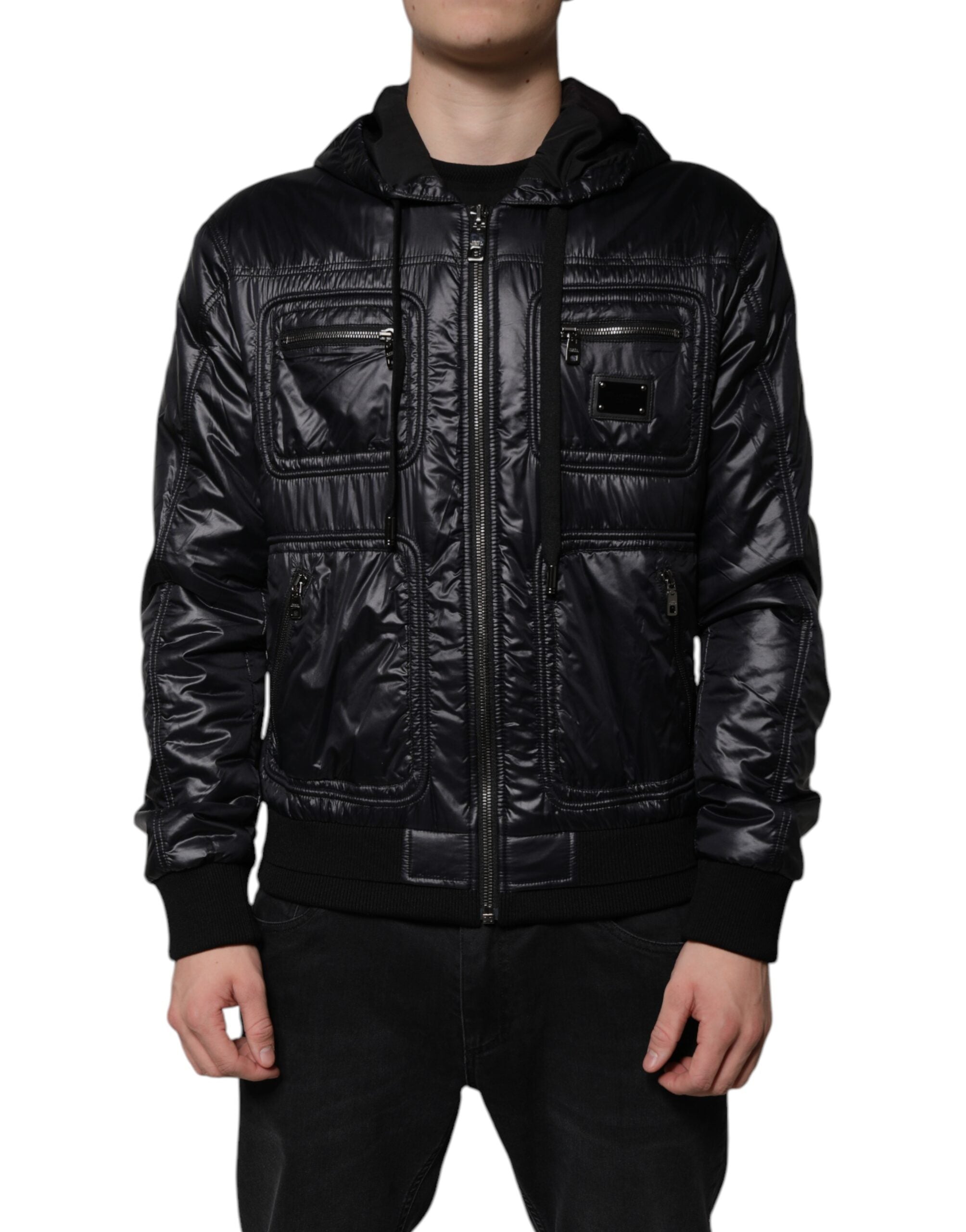 Black Nylon Hooded Full Zip Blouson Jacket - ventzia