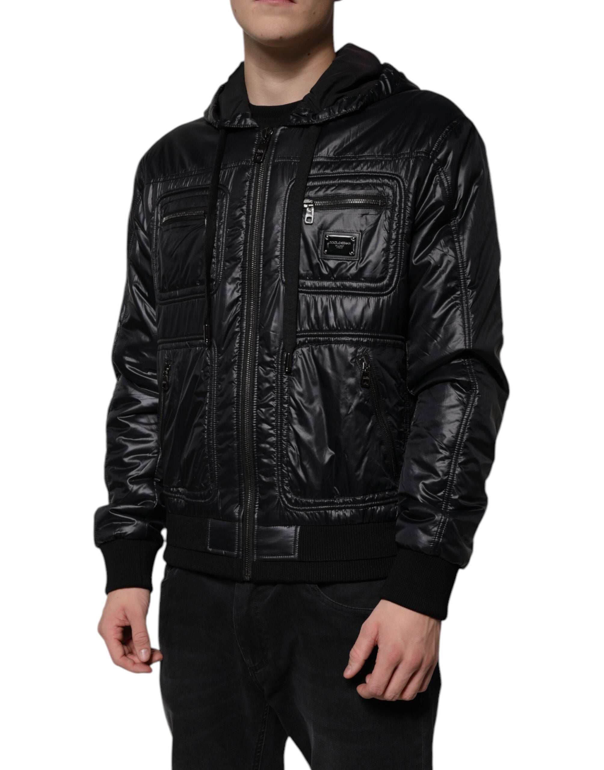 Black Nylon Hooded Full Zip Blouson Jacket - ventzia