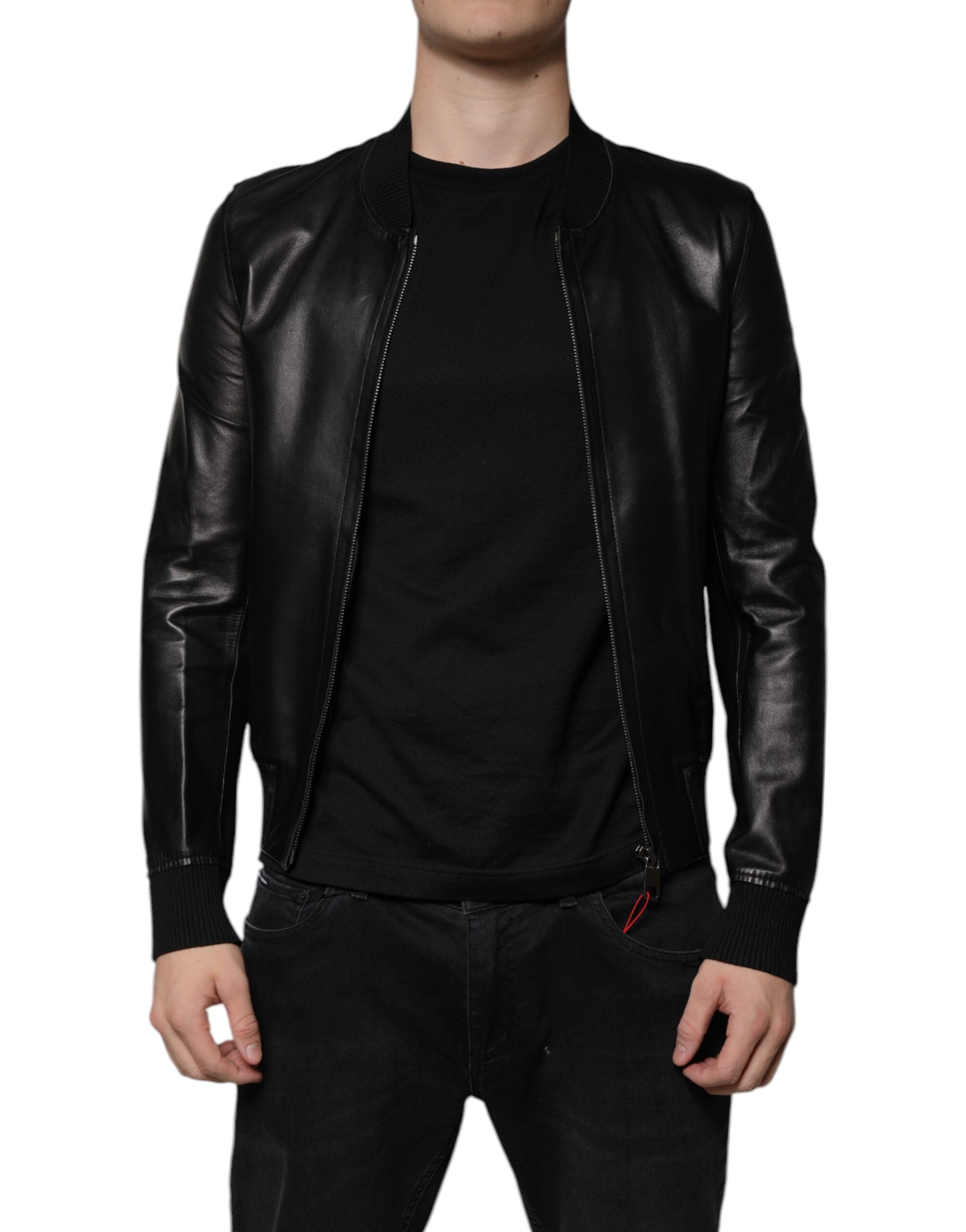 Black Lambskin Full Zip Biker Blouson Jacket - ventzia