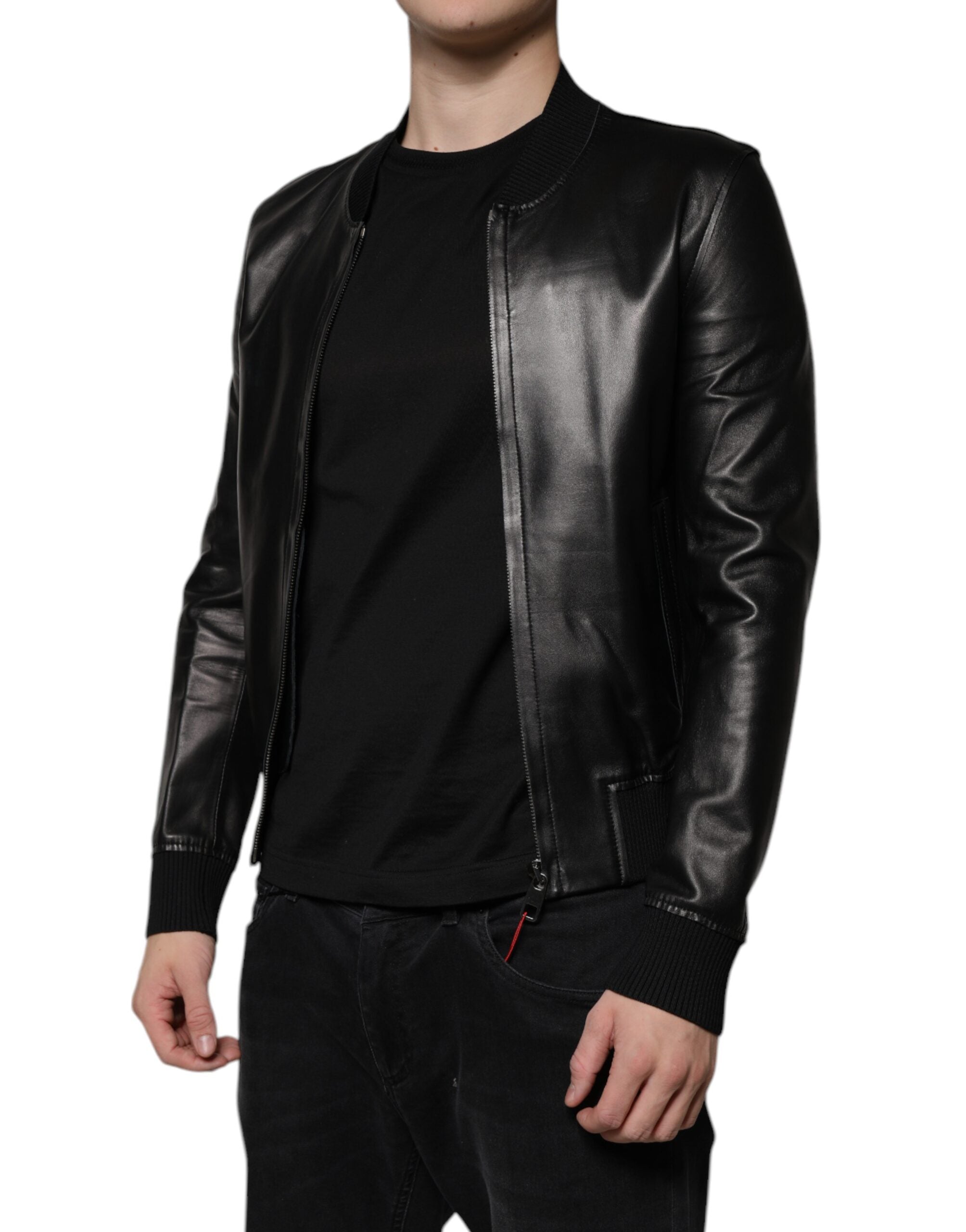 Black Lambskin Full Zip Biker Blouson Jacket - ventzia