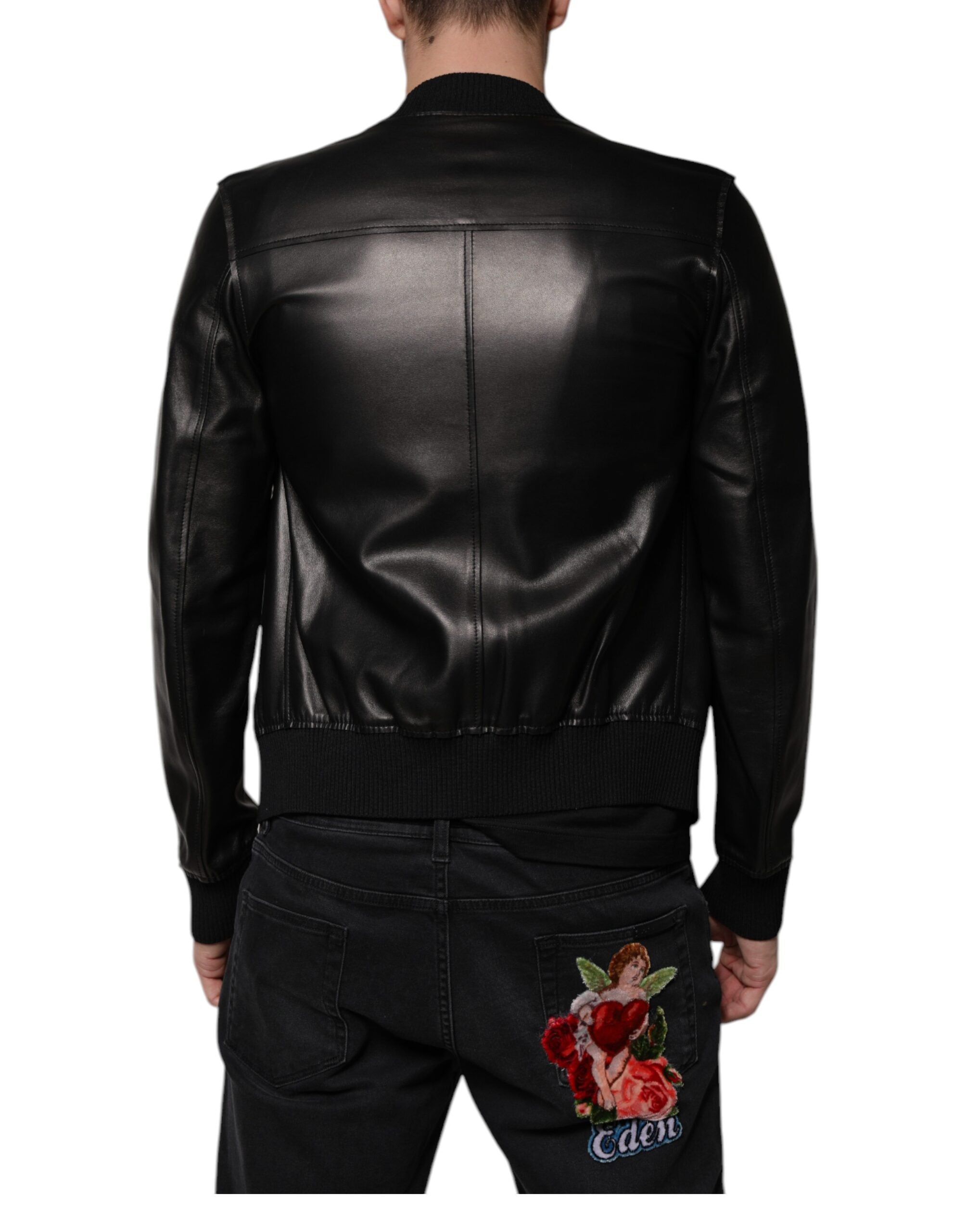 Black Lambskin Full Zip Biker Blouson Jacket - ventzia