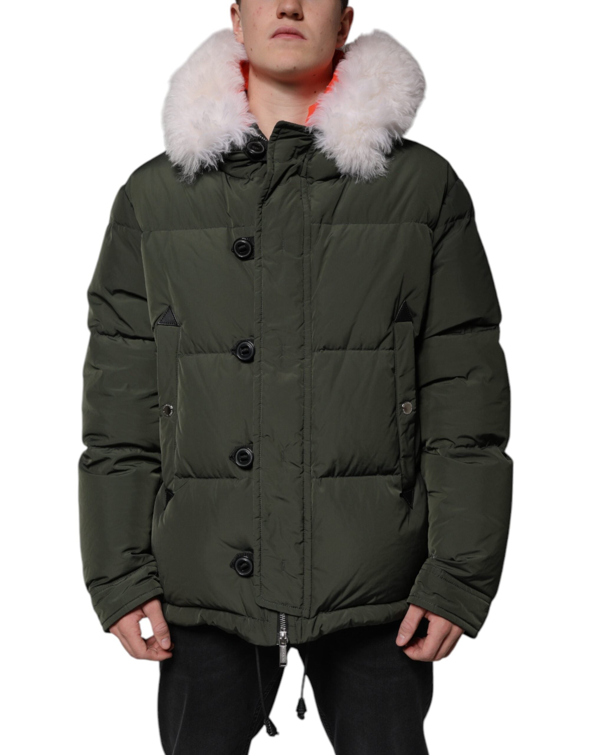 Green Hooded Long Sleeves Fur Shearling Jacket - ventzia