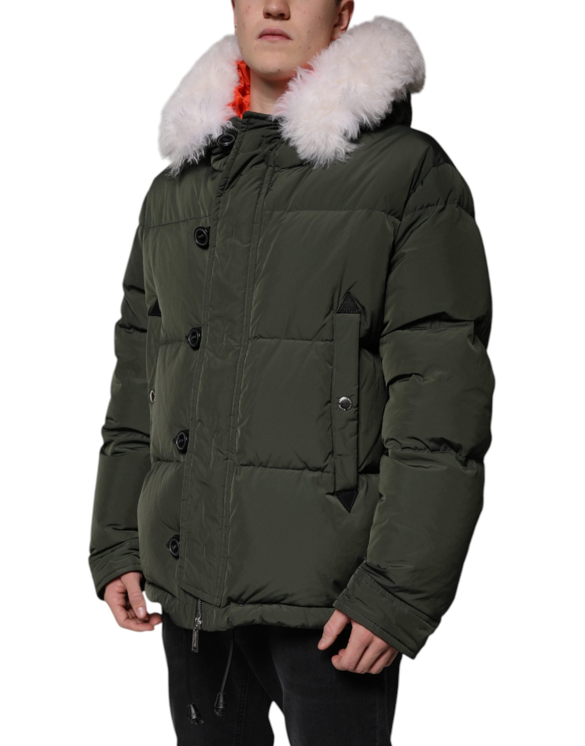 Green Hooded Long Sleeves Fur Shearling Jacket - ventzia