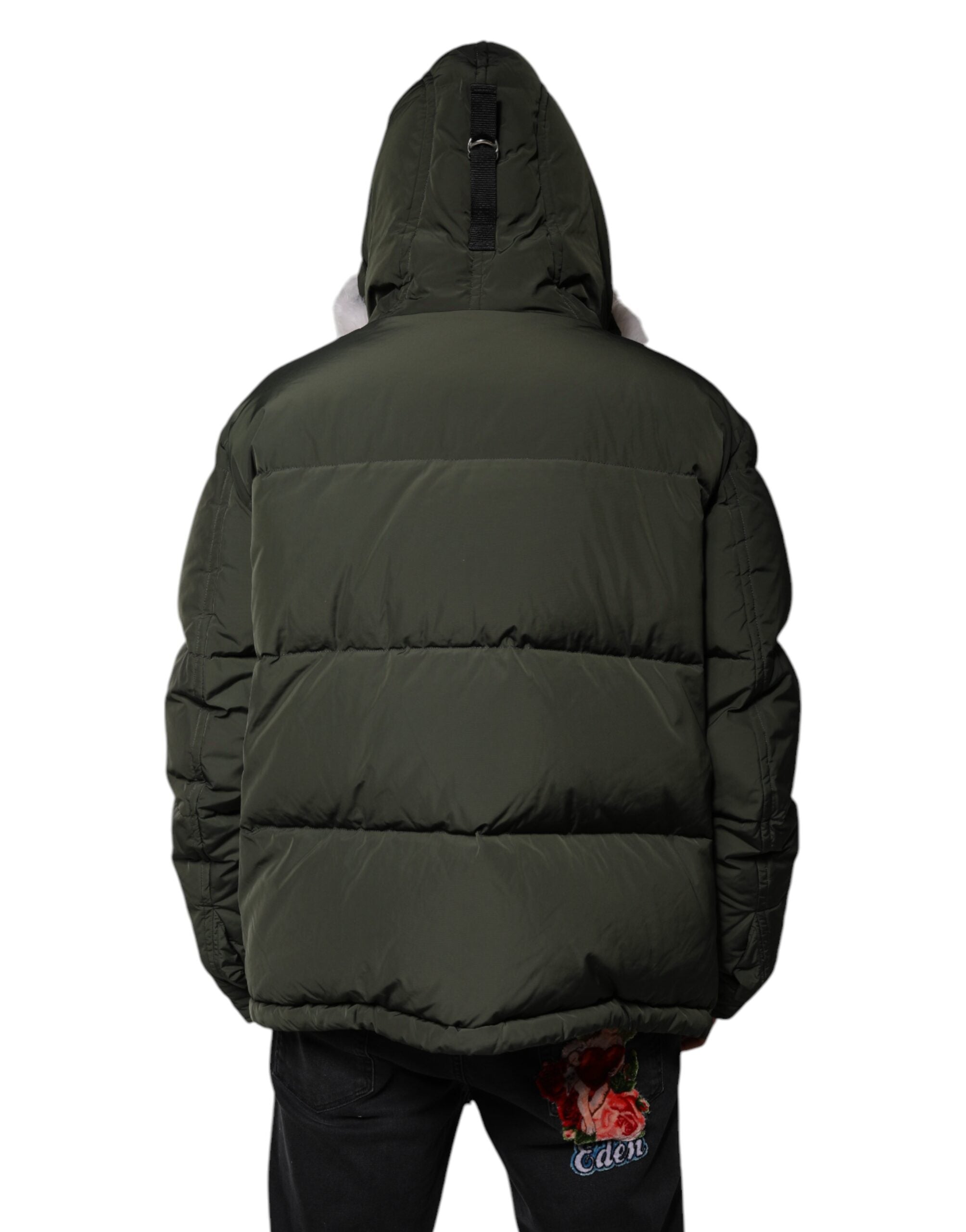 Green Hooded Long Sleeves Fur Shearling Jacket - ventzia