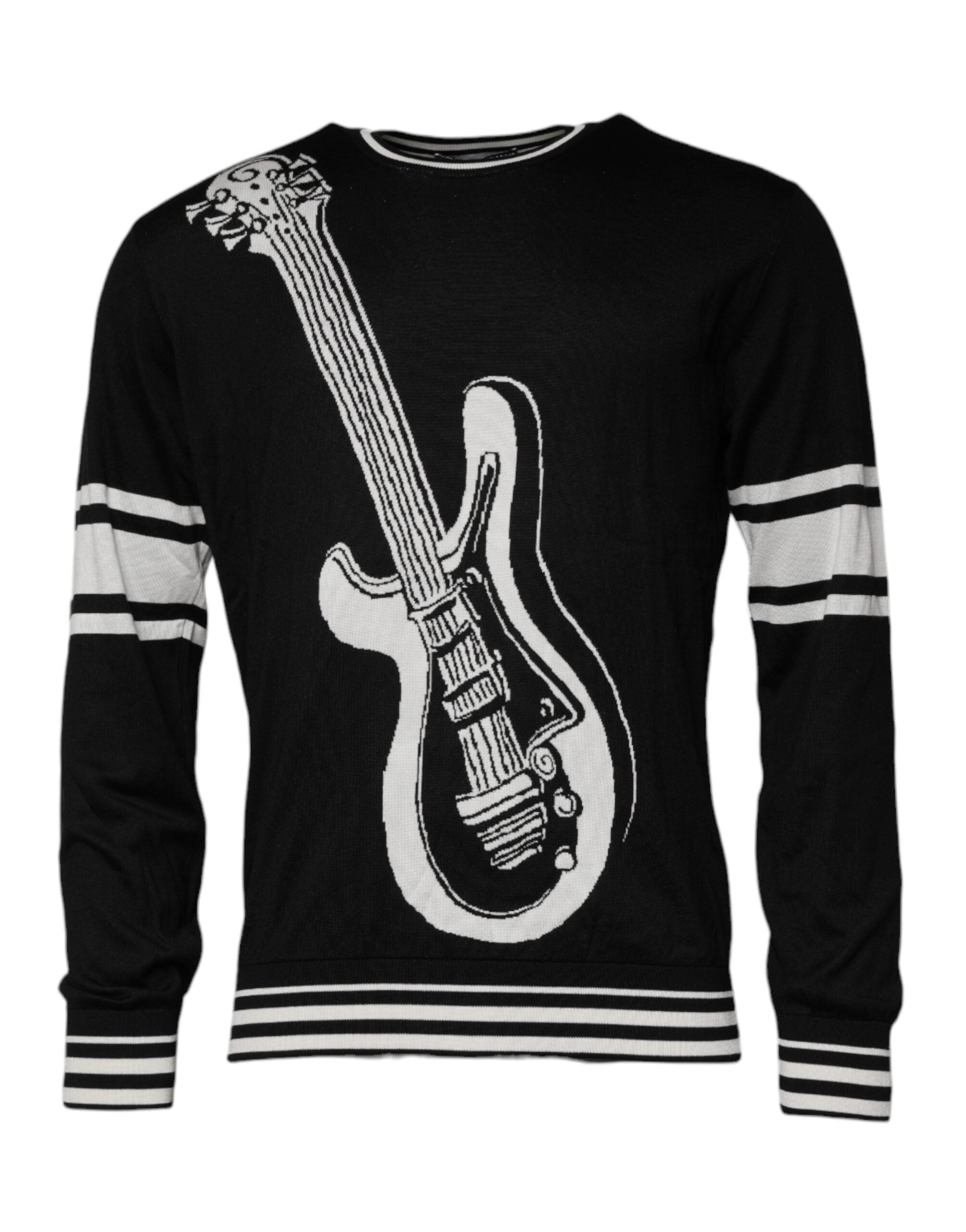 Black White Guitar Silk Crew Neck Sweater - ventzia