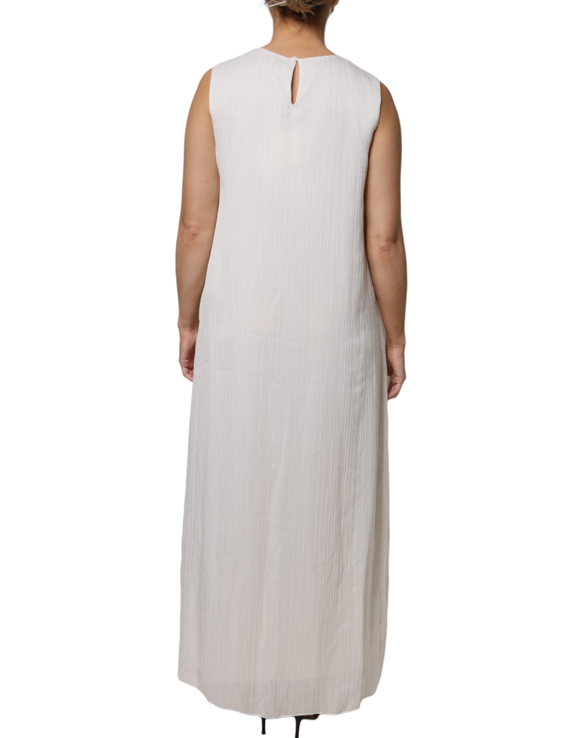 White Sleeveless Round Neck Shift Long Maxi Dress - ventzia
