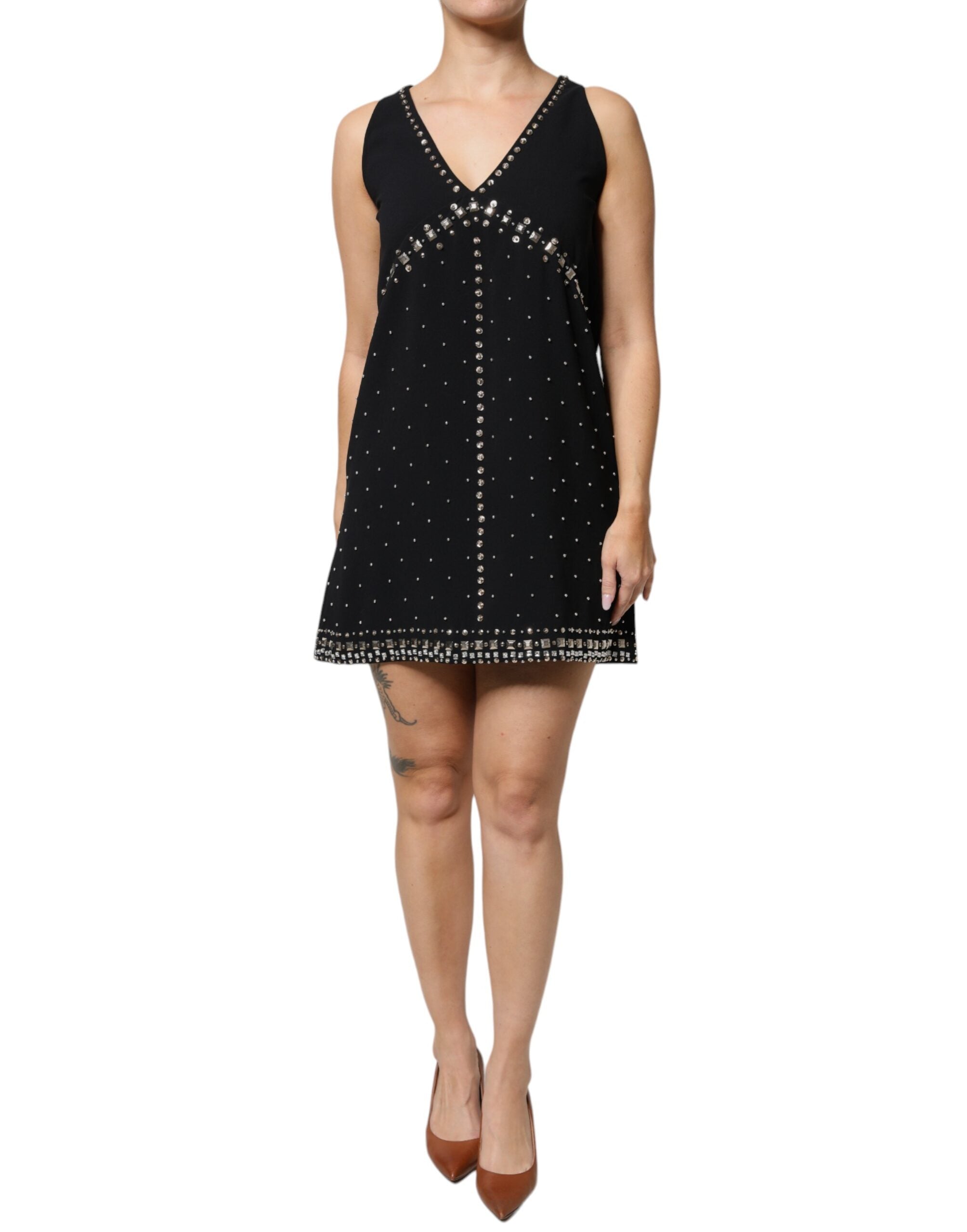 Black Embellished Polyester Sleeveless Shift A-line Mini Dress - ventzia