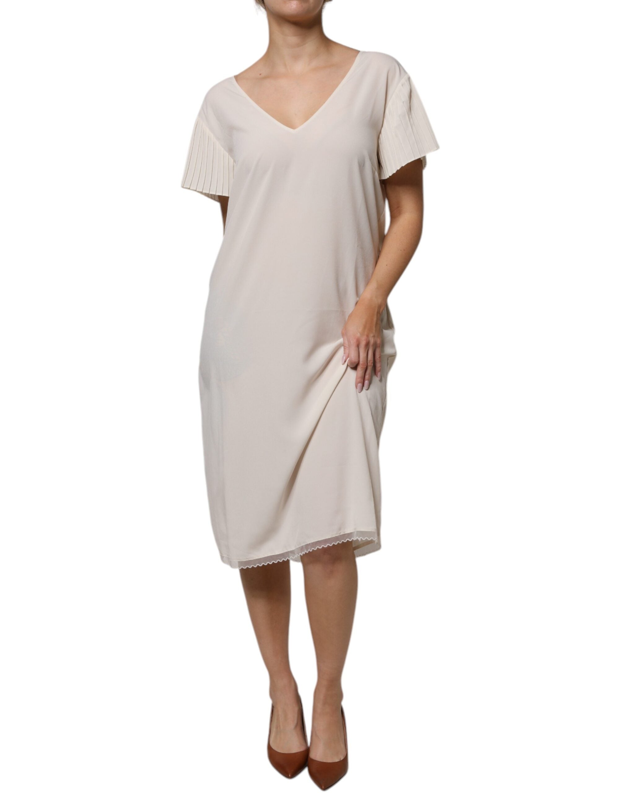 Off White Short Sleeves V-neck Shift Midi Dress - ventzia