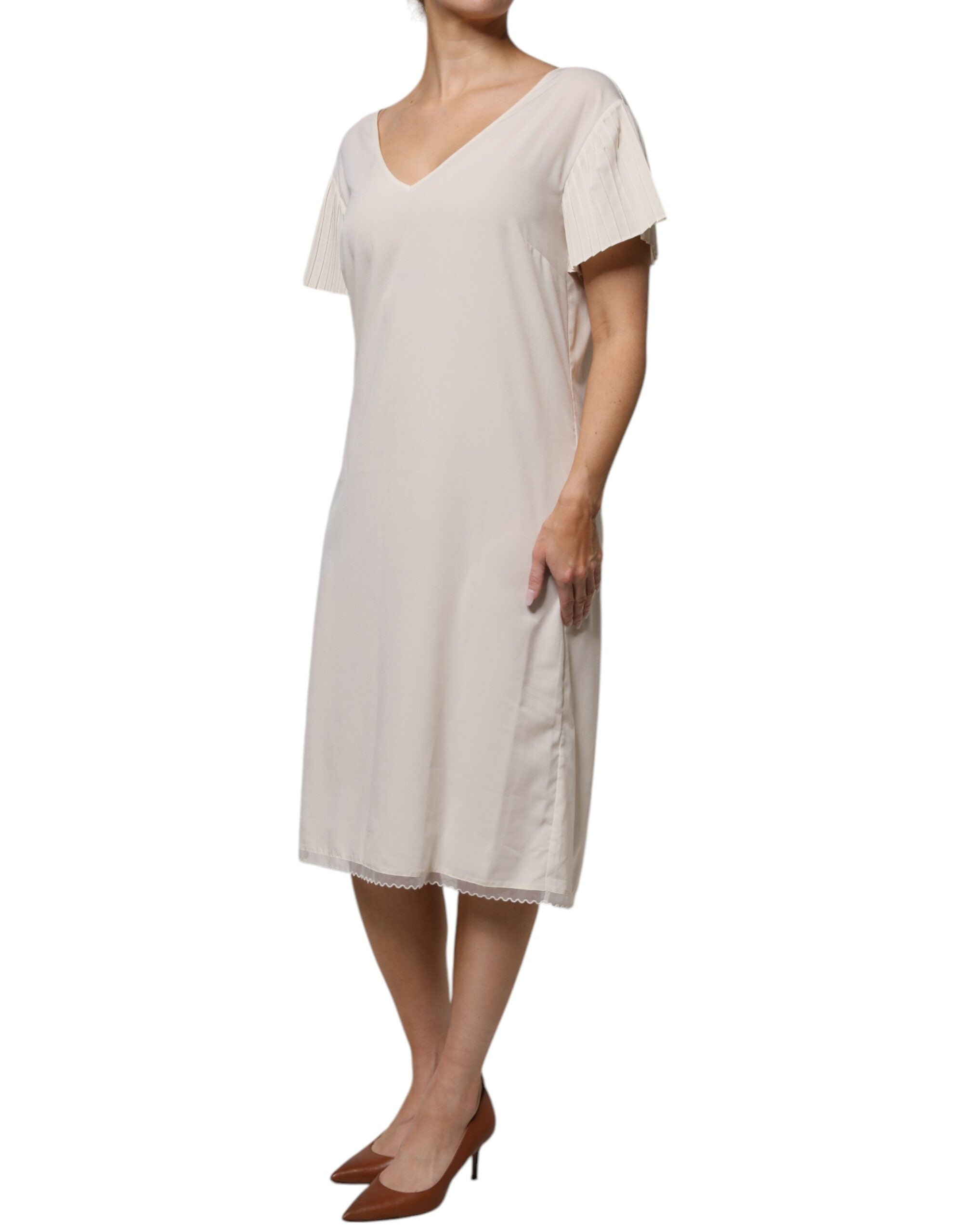 Off White Short Sleeves V-neck Shift Midi Dress - ventzia
