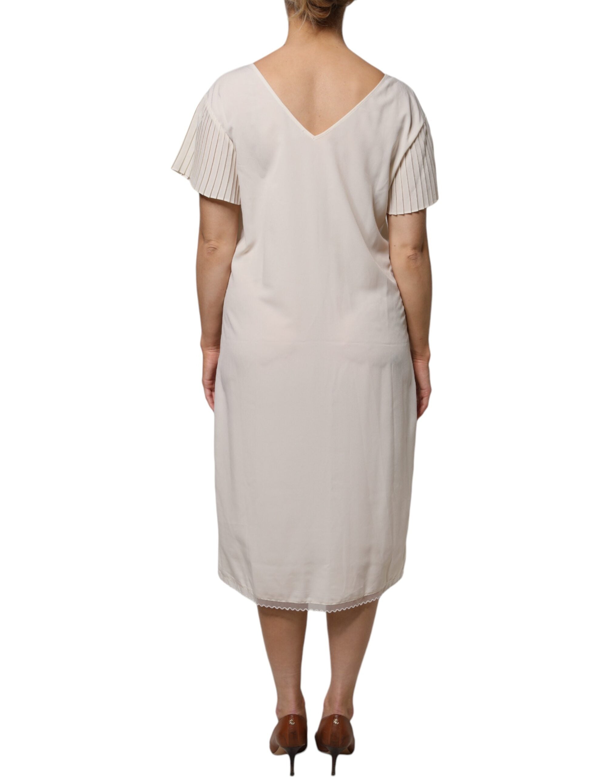 Off White Short Sleeves V-neck Shift Midi Dress - ventzia