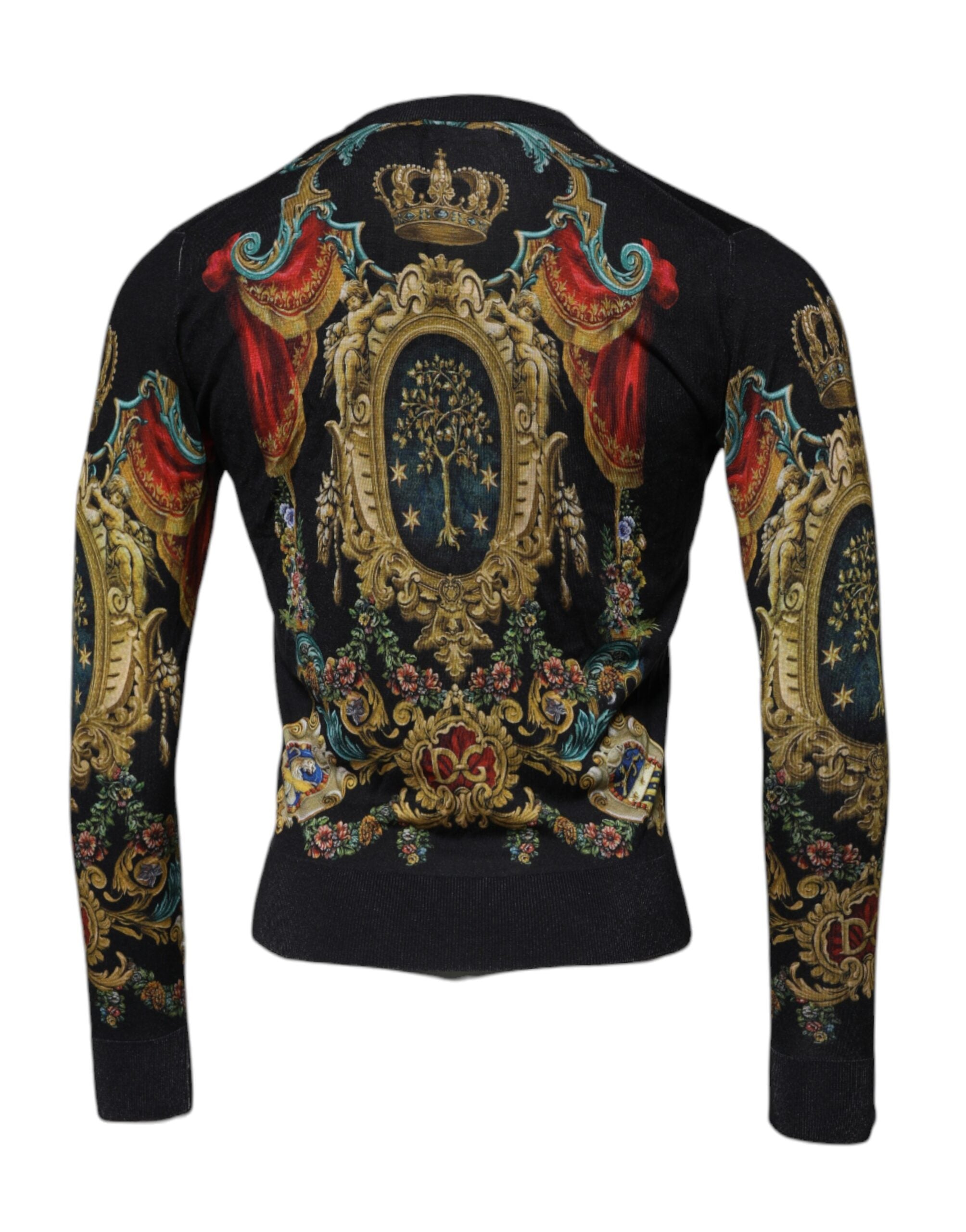 Black Heraldic DG Silk Round Neck Pullover Sweater - ventzia