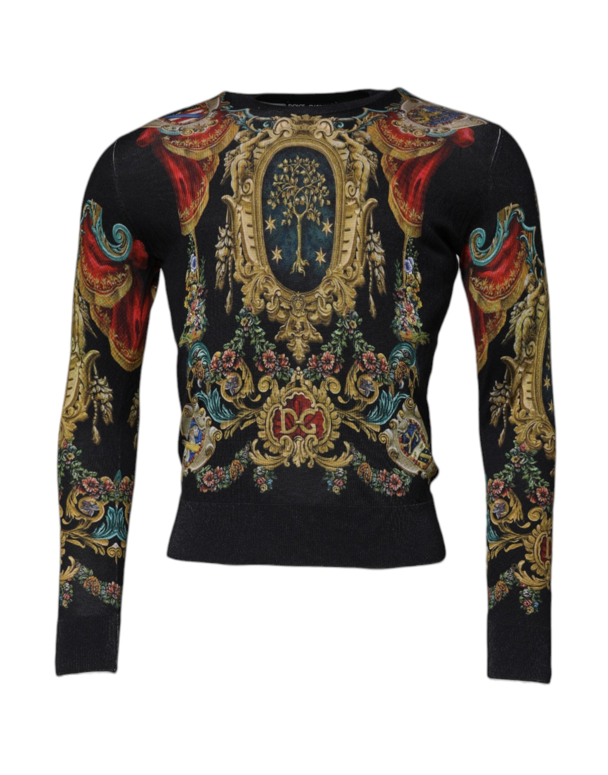 Black Heraldic DG Silk Round Neck Pullover Sweater - ventzia