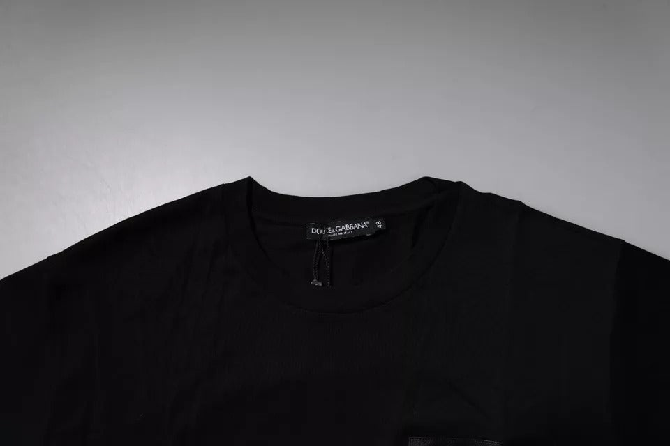 Black Logo Patch Cotton Crew Neck T-shirt - ventzia