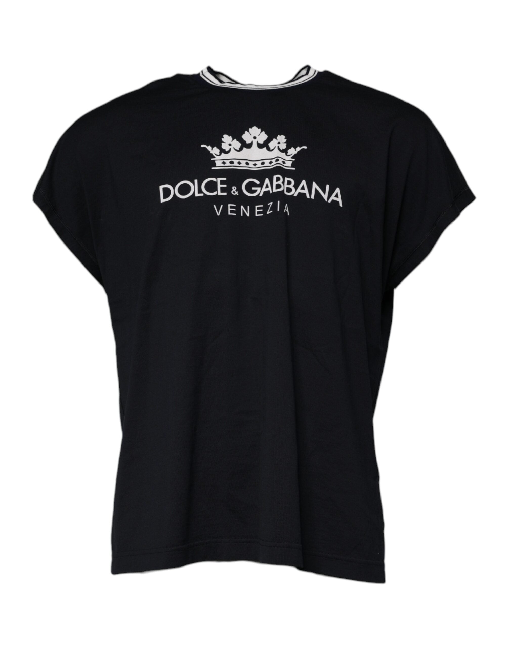 Dark Blue Logo Crown Cotton Crew Neck T-shirt - ventzia