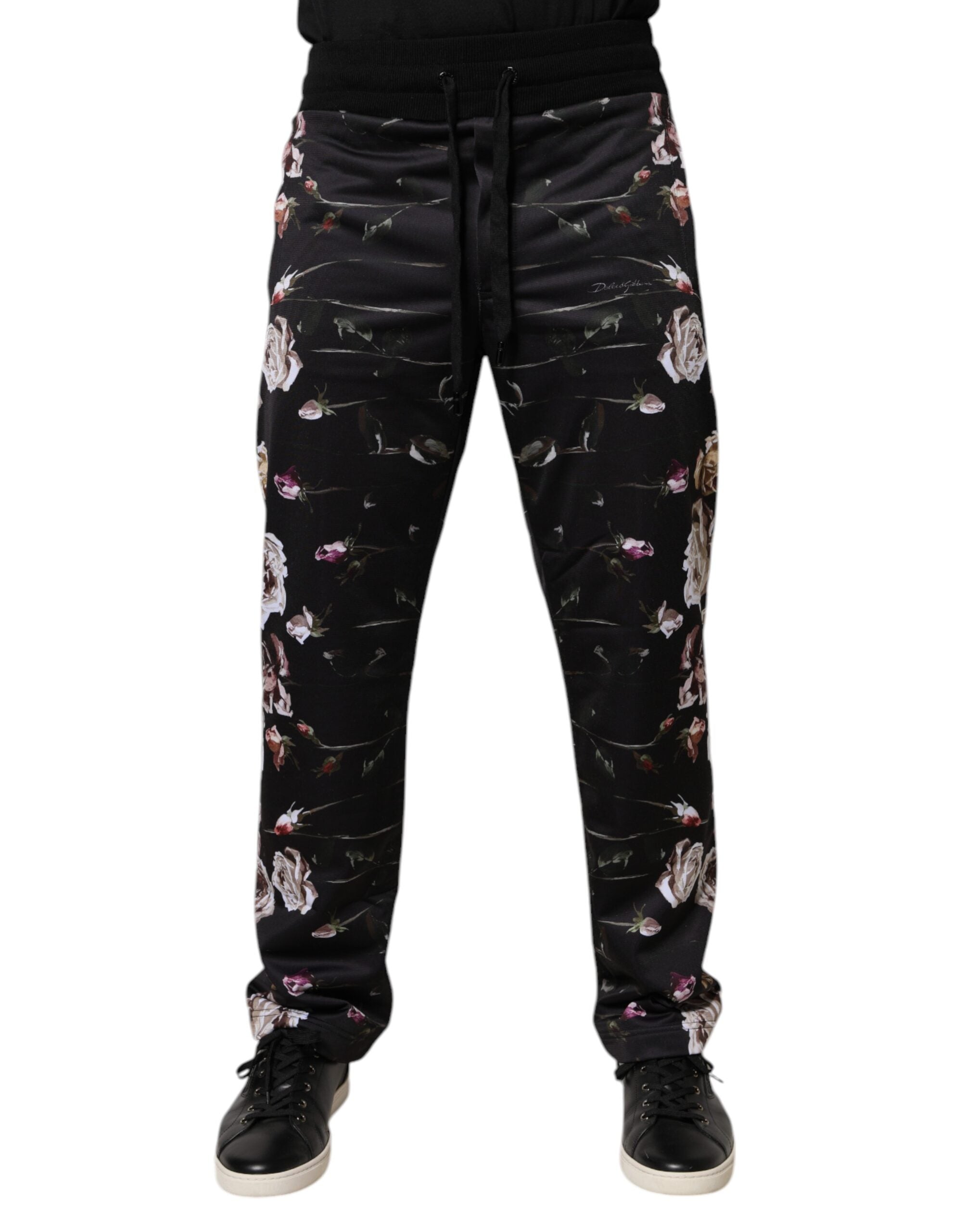 Black Floral Polyester Jogger Pants - ventzia
