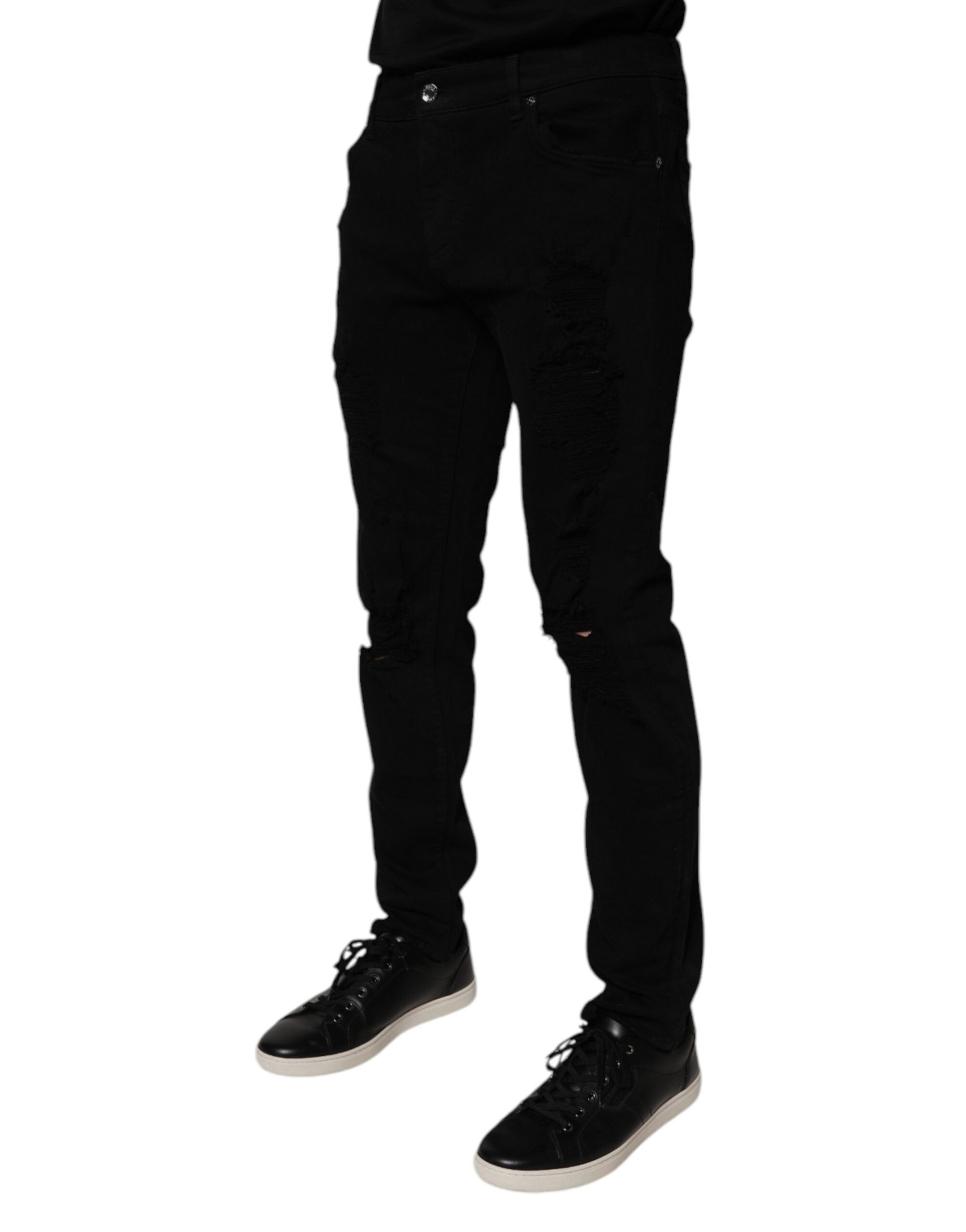 Black Tattered Cotton Skinny Men Denim Jeans - ventzia