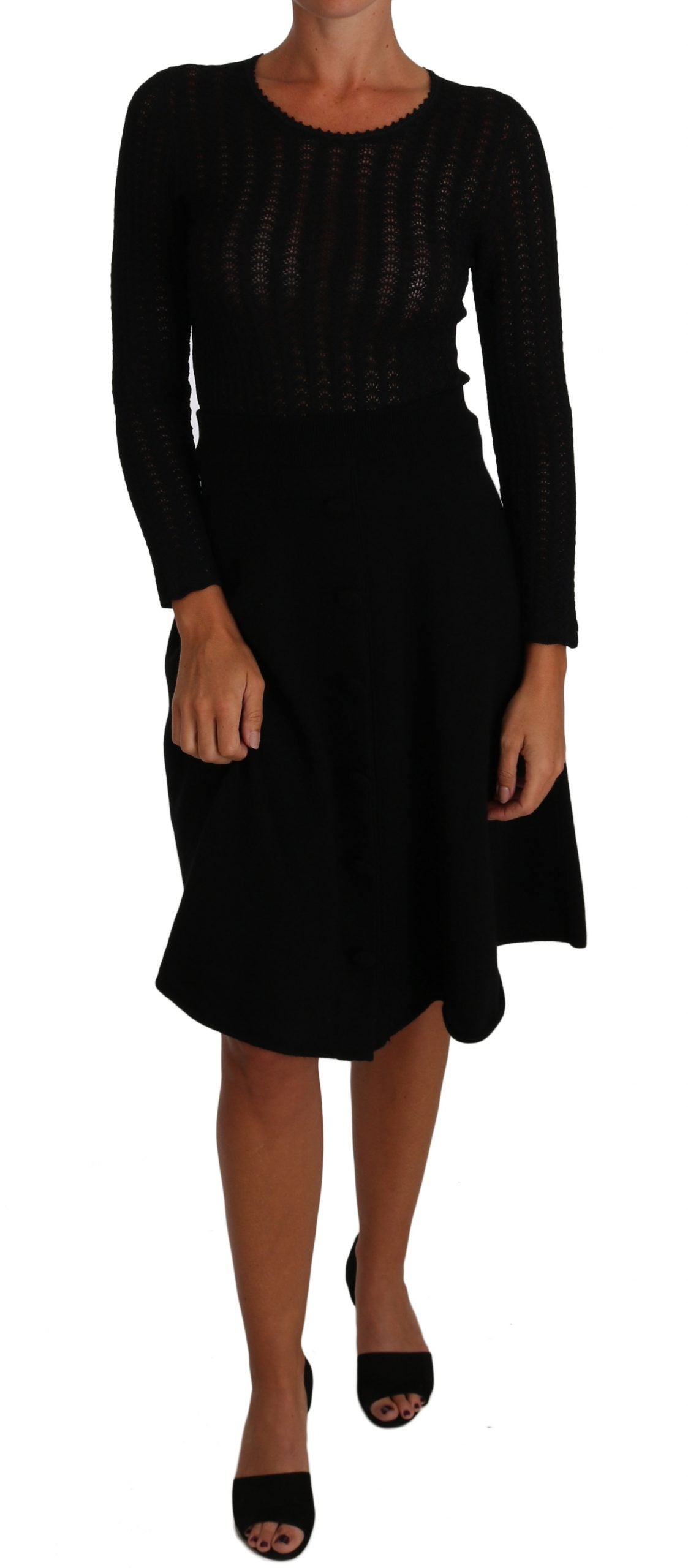 Elegant Black Knitted Sheath Dress - ventzia