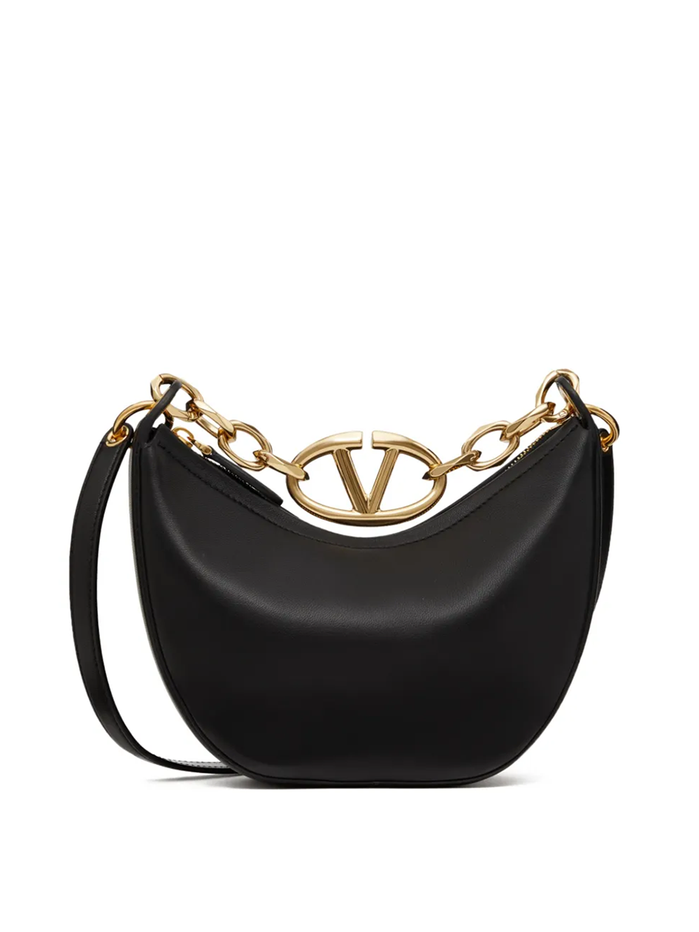 Black Leather Mini Hobo Vlogo Shoulder Bag - ventzia