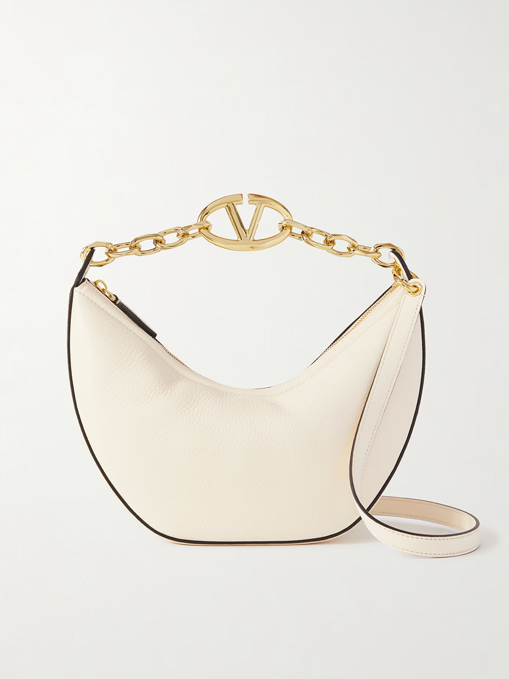 Ivory Leather Small Hobo Vlogo Shoulder Bag - ventzia