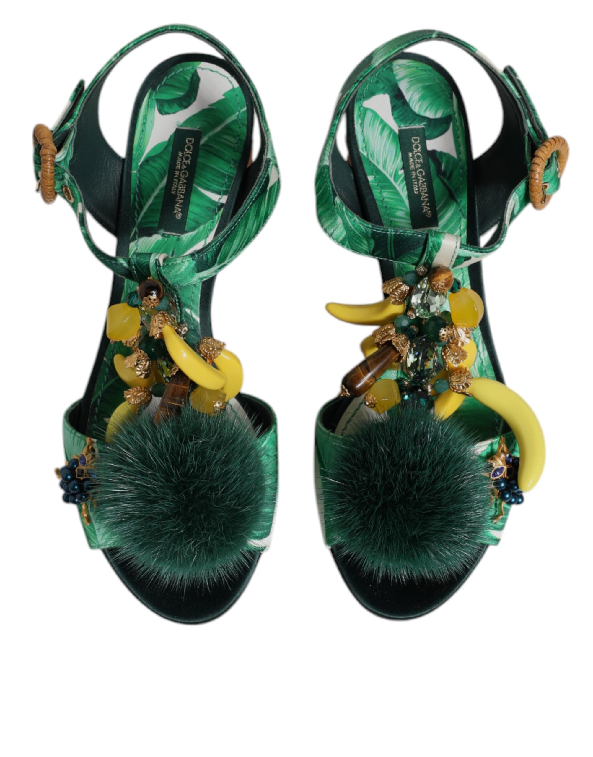 Green Crystal Fur Embellished Sandals Shoes - ventzia