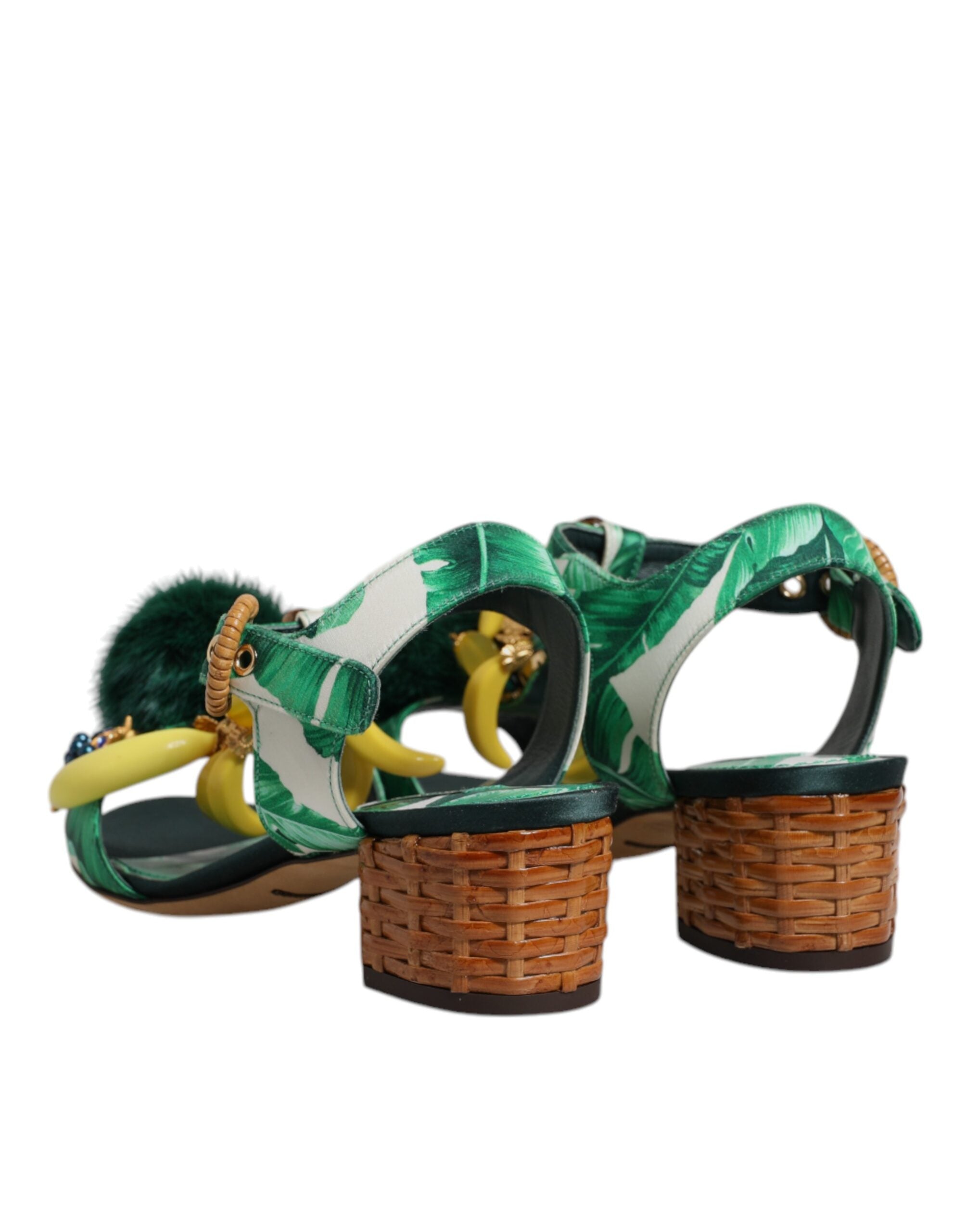 Green Crystal Fur Embellished Sandals Shoes - ventzia