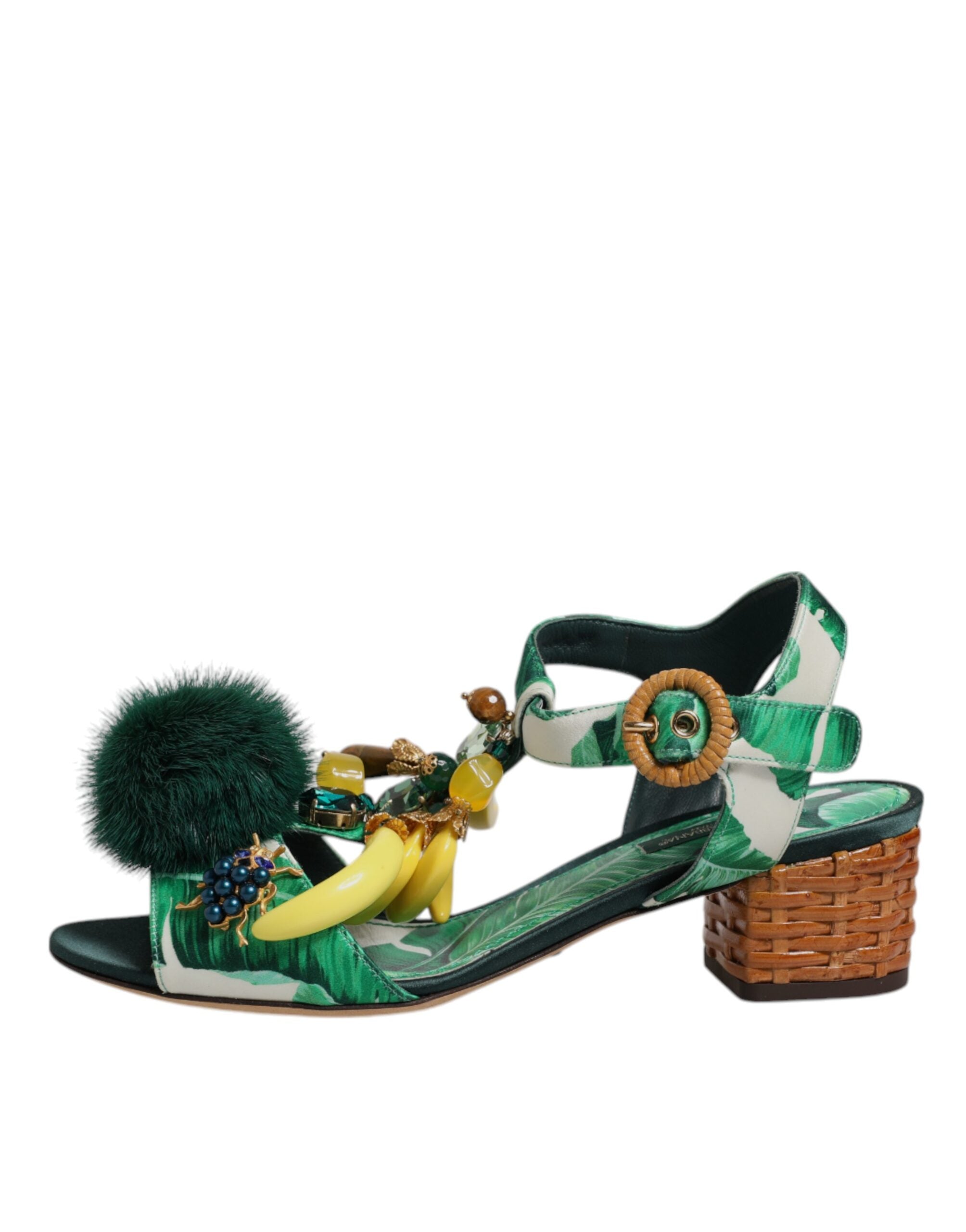 Green Crystal Fur Embellished Sandals Shoes - ventzia