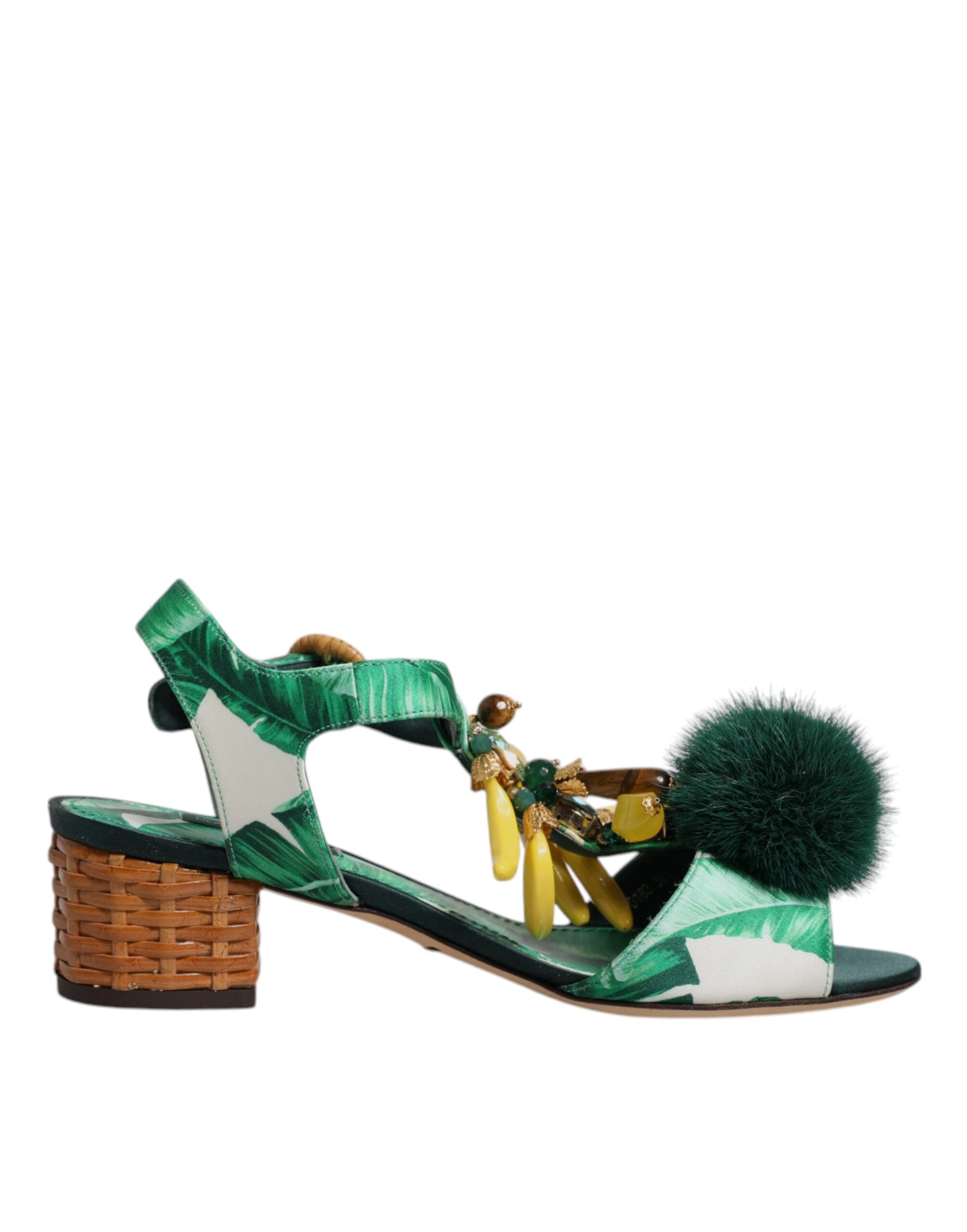 Green Crystal Fur Embellished Sandals Shoes - ventzia