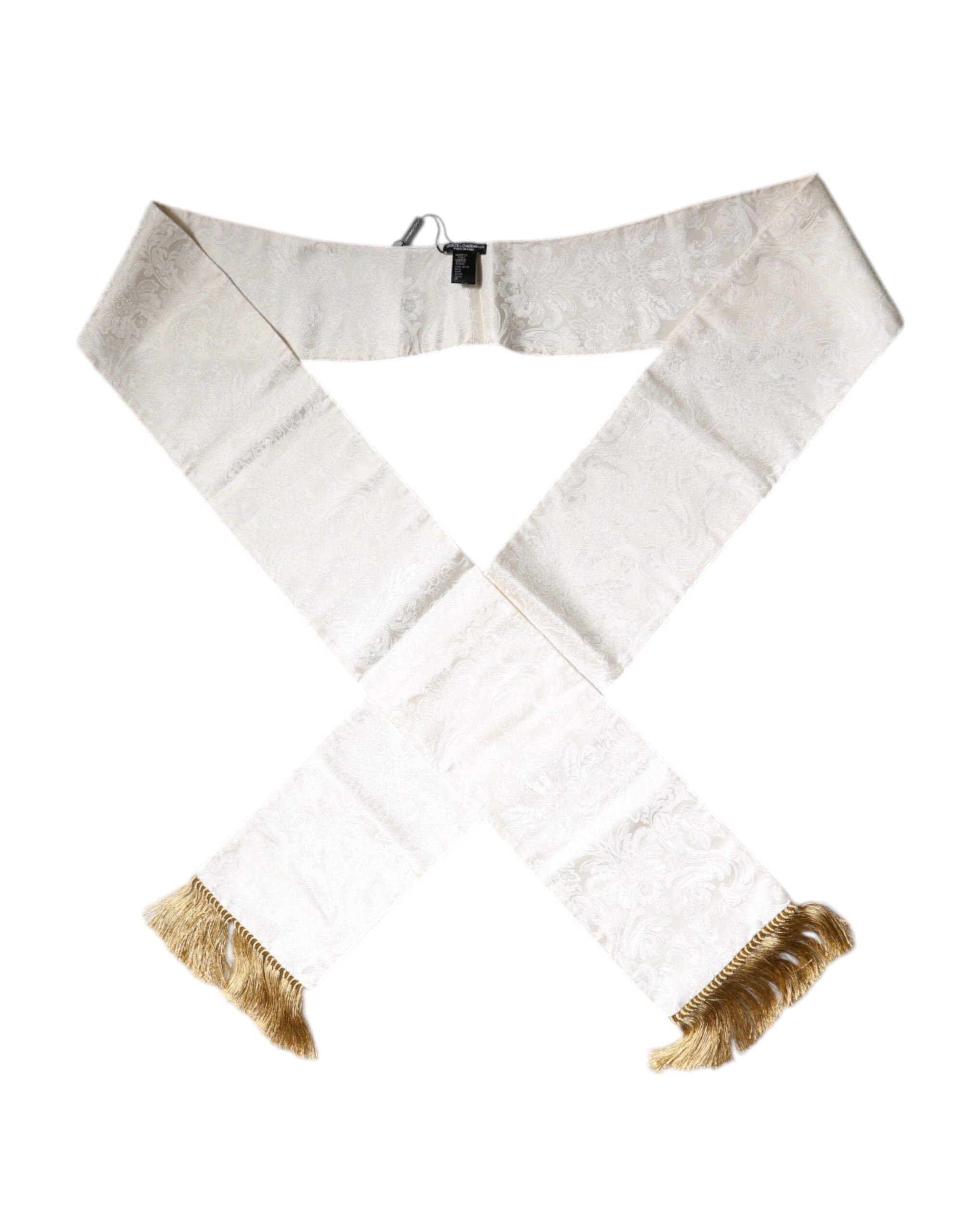 White Floral Jacquard Skinny Fringes Scarf - ventzia