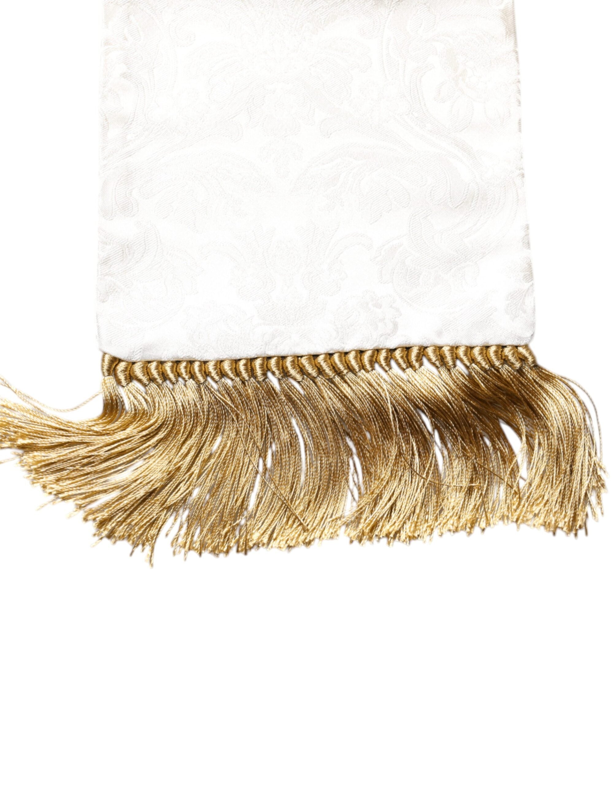 White Floral Jacquard Skinny Fringes Scarf - ventzia