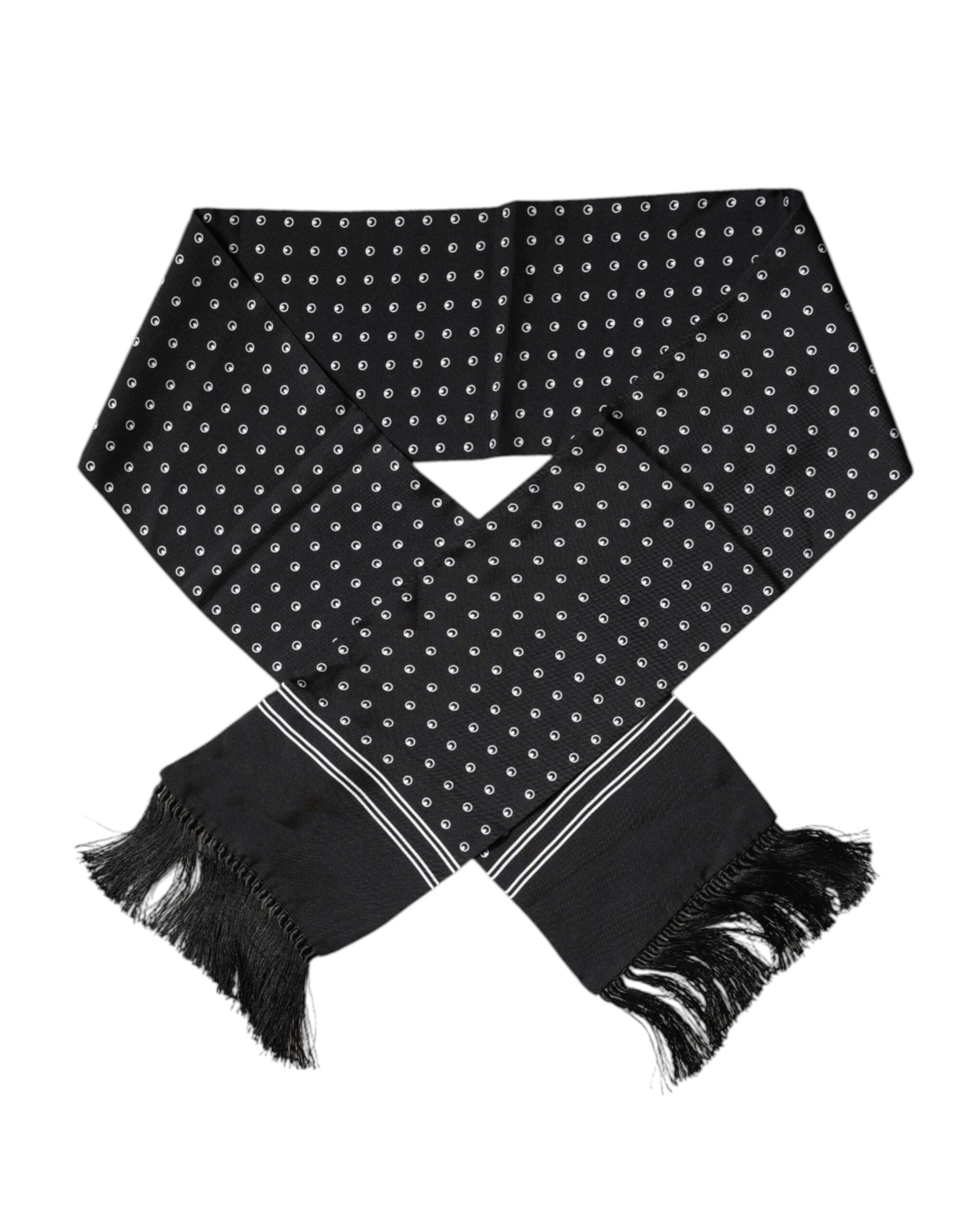 Black White Polka Dotted Silk Skinny Fringes Scarf - ventzia