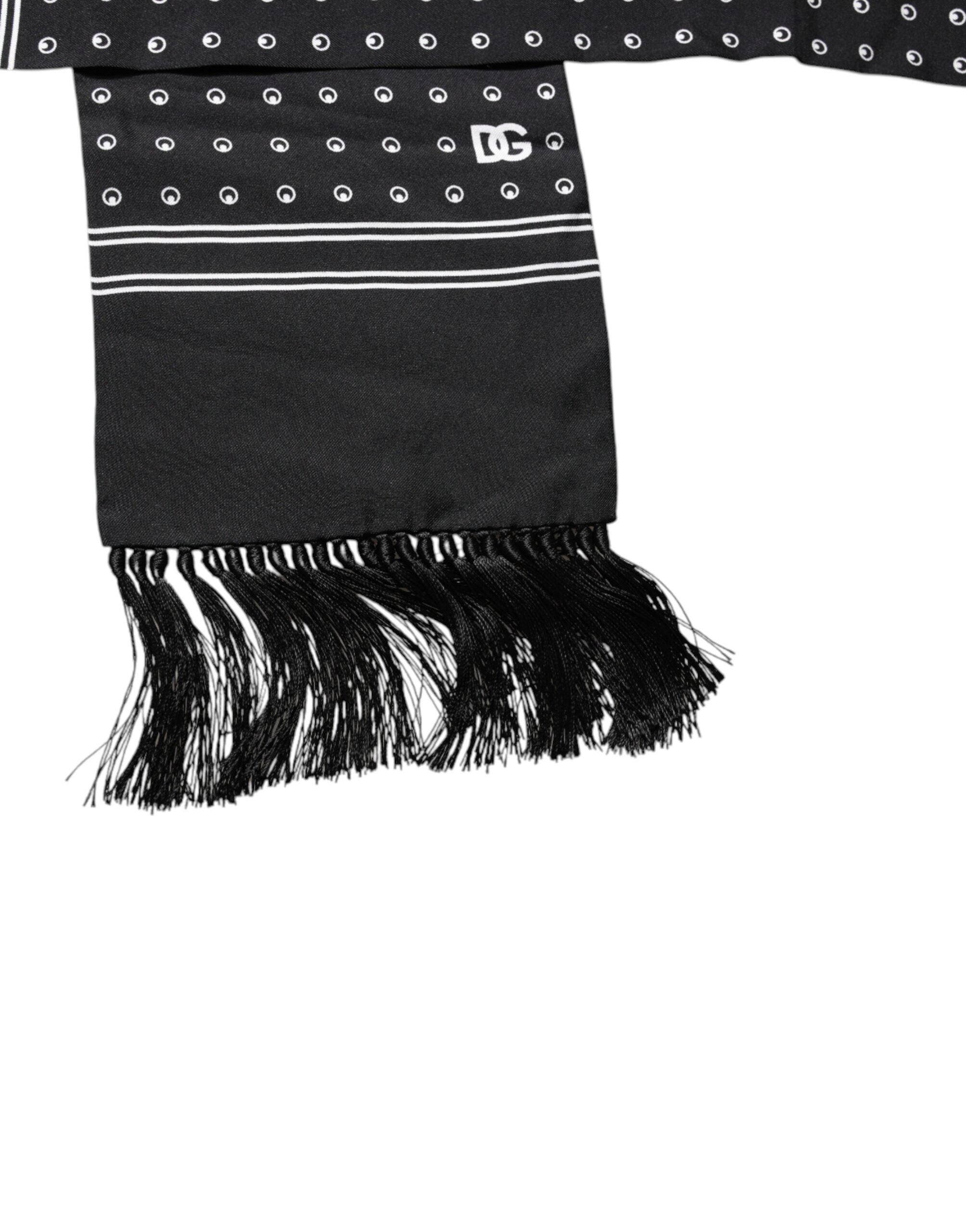 Black White Polka Dotted Silk Skinny Fringes Scarf - ventzia