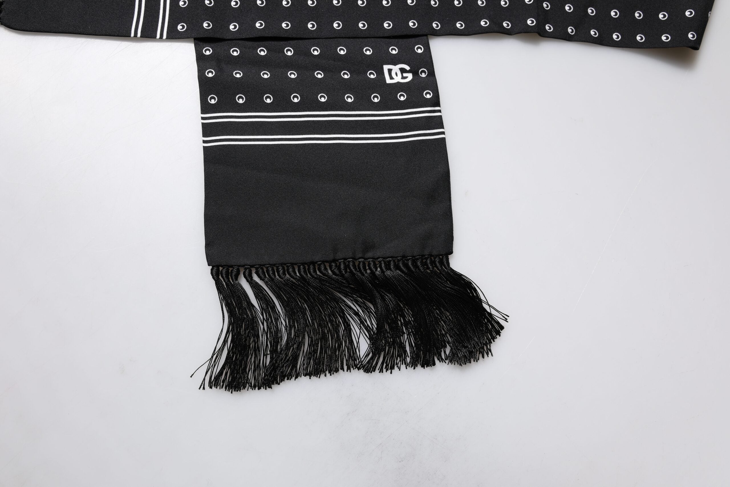 Black White Polka Dotted Silk Skinny Fringes Scarf - ventzia