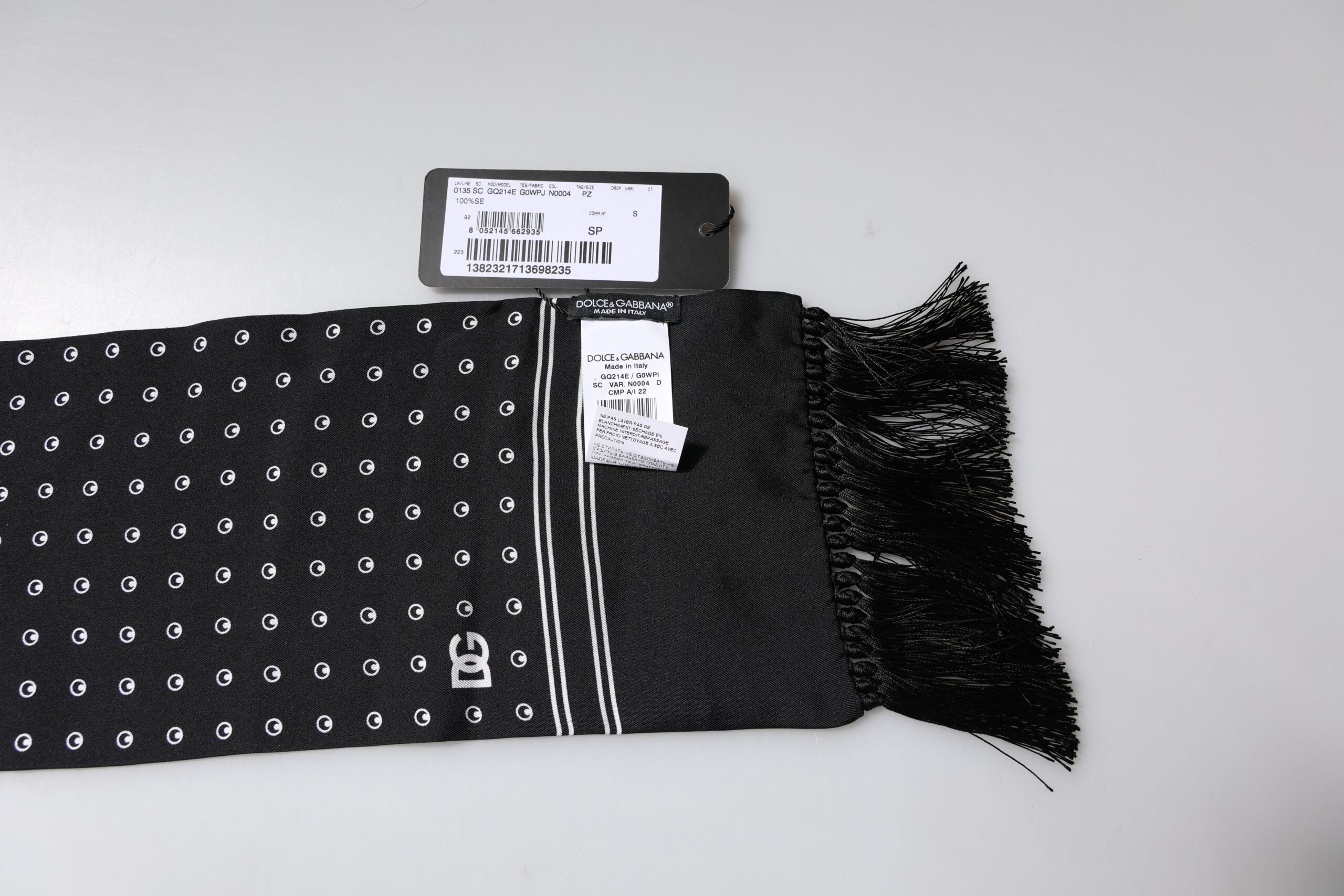 Black White Polka Dotted Silk Skinny Fringes Scarf - ventzia