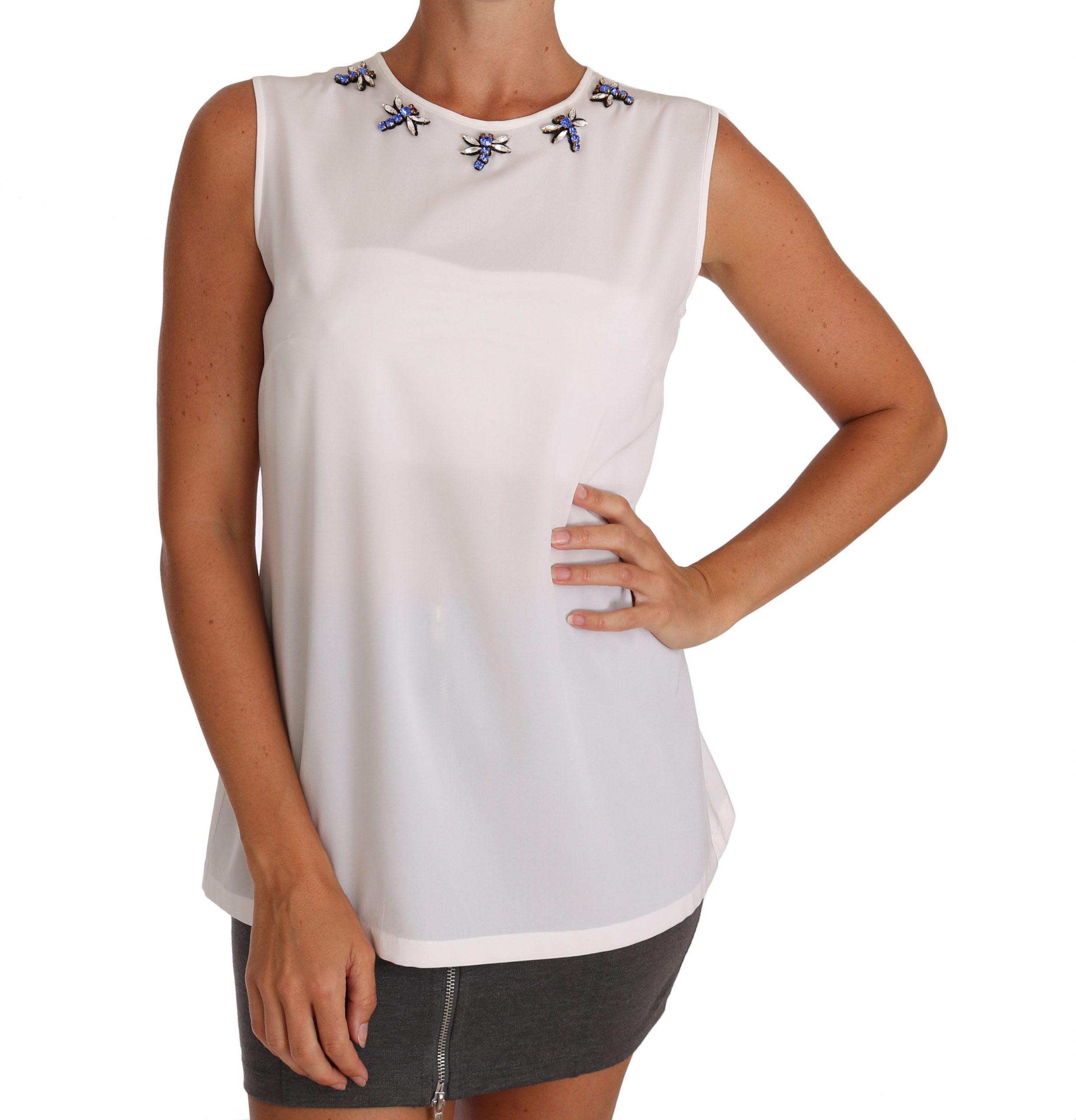 Elegant Embellished Sleeveless Silk Blouse - ventzia