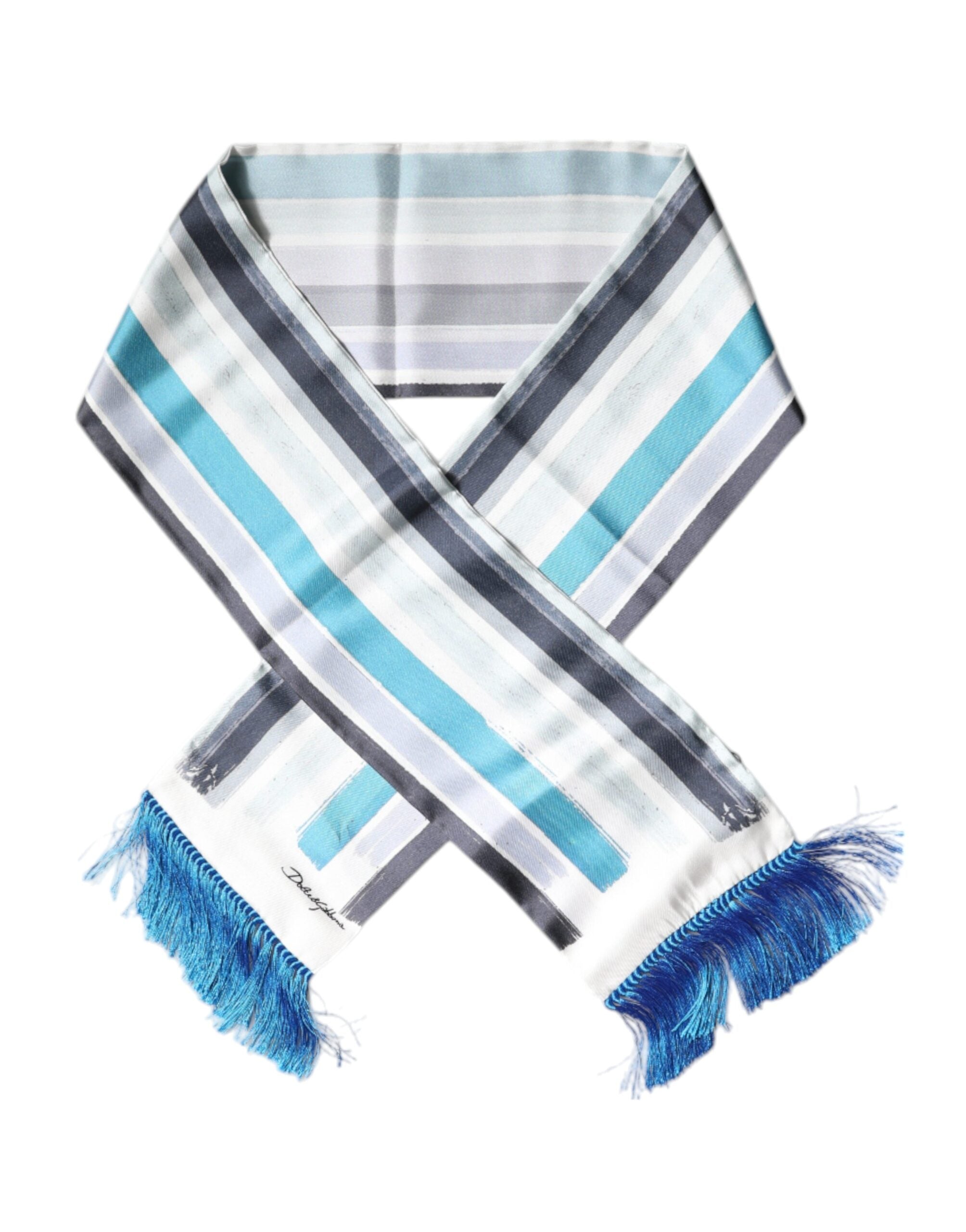 White Blue Stripes Silk Fringes Wrap Scarf - ventzia