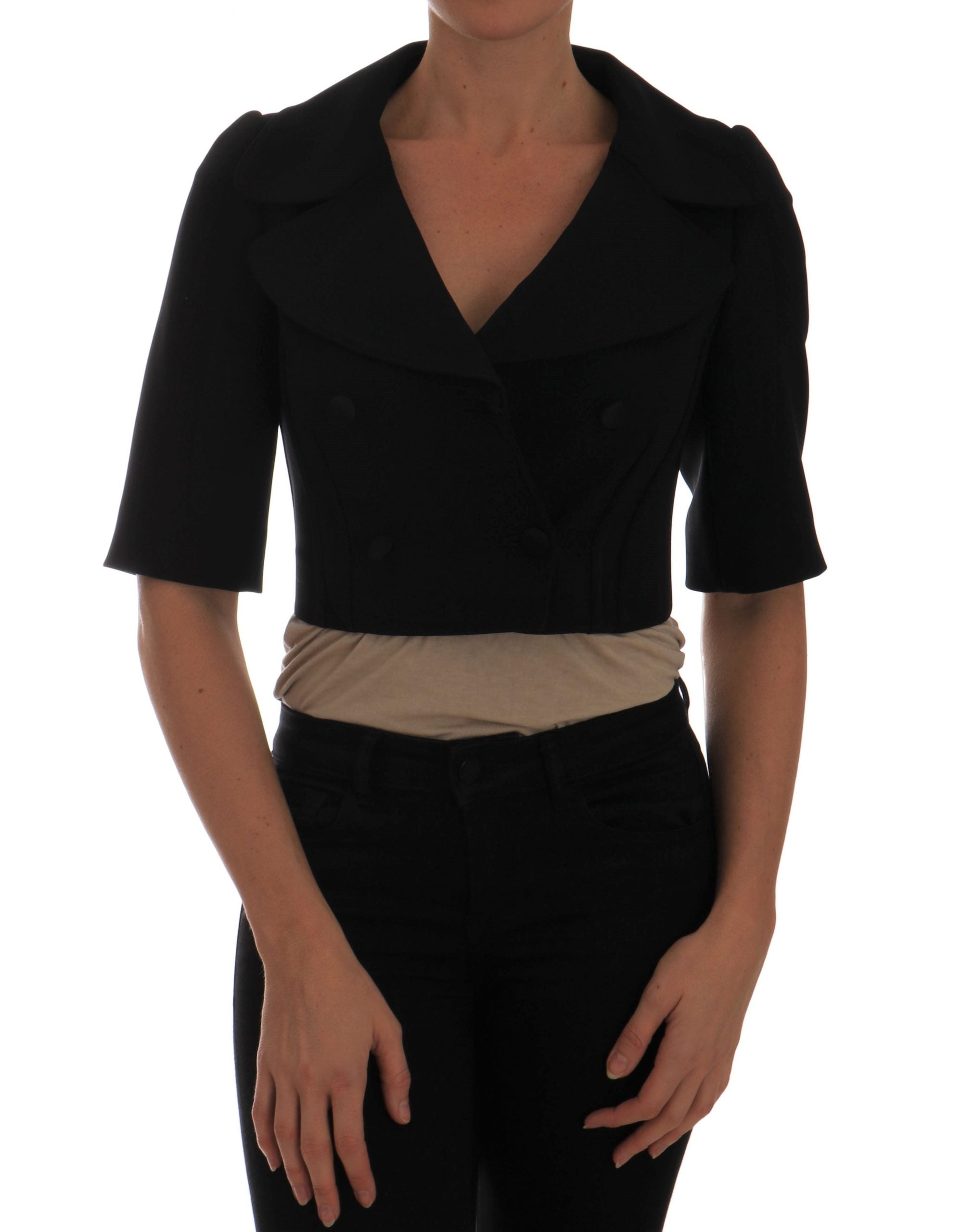 Chic Black Cropped Double Breasted Blazer - ventzia