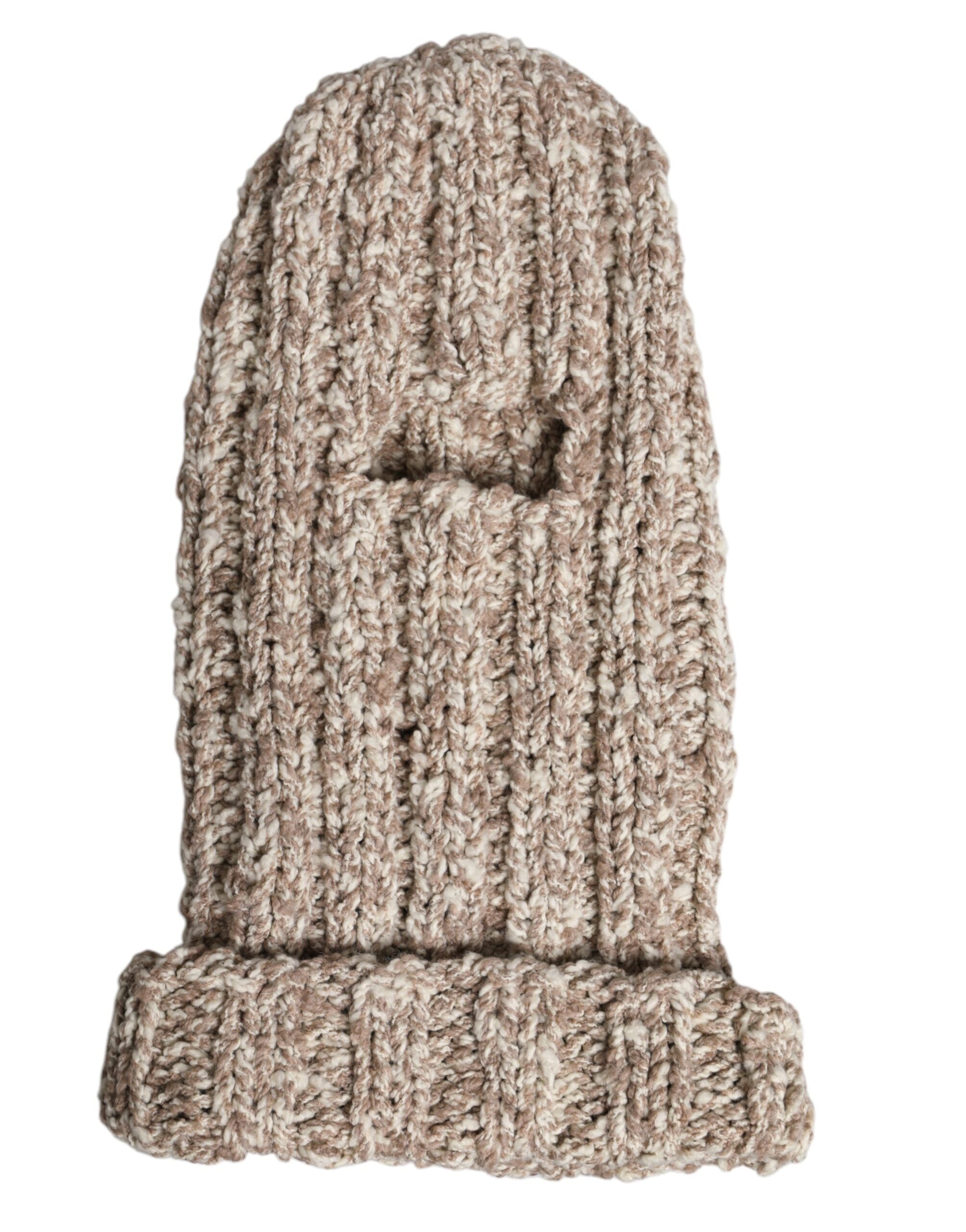 Beige Wool Knitted Ski Mask Balaclava Hat - ventzia