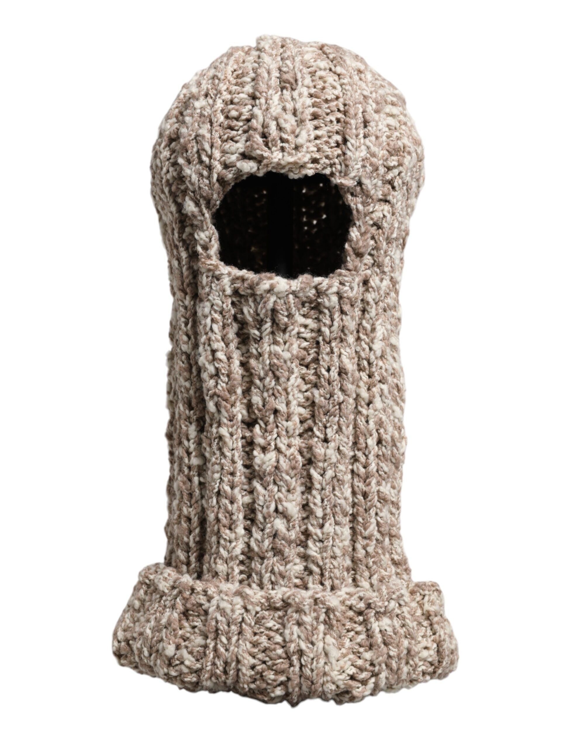 Beige Wool Knitted Ski Mask Balaclava Hat - ventzia