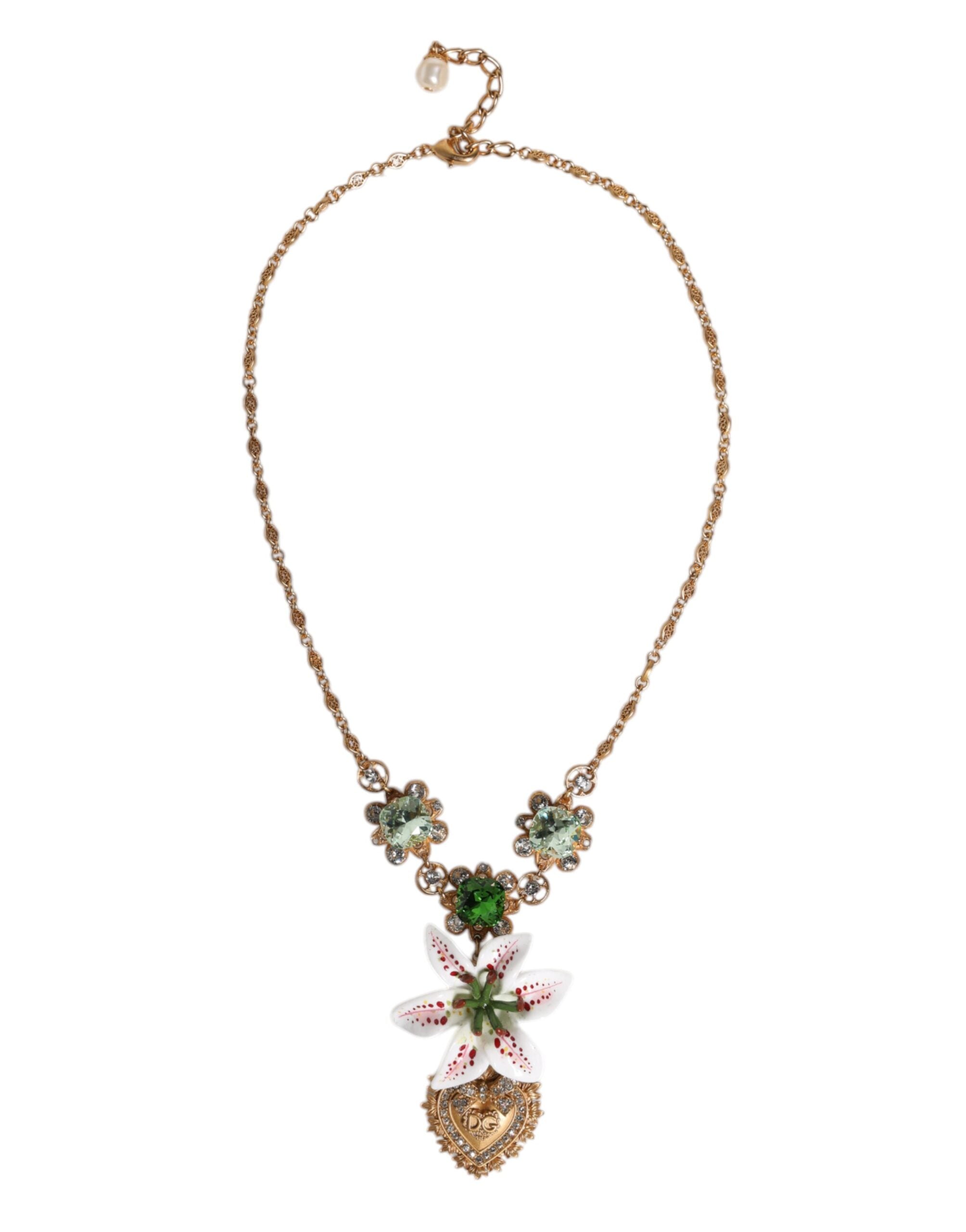 Gold Brass Lily Crystal Sacred Heart Pendant Necklace - ventzia