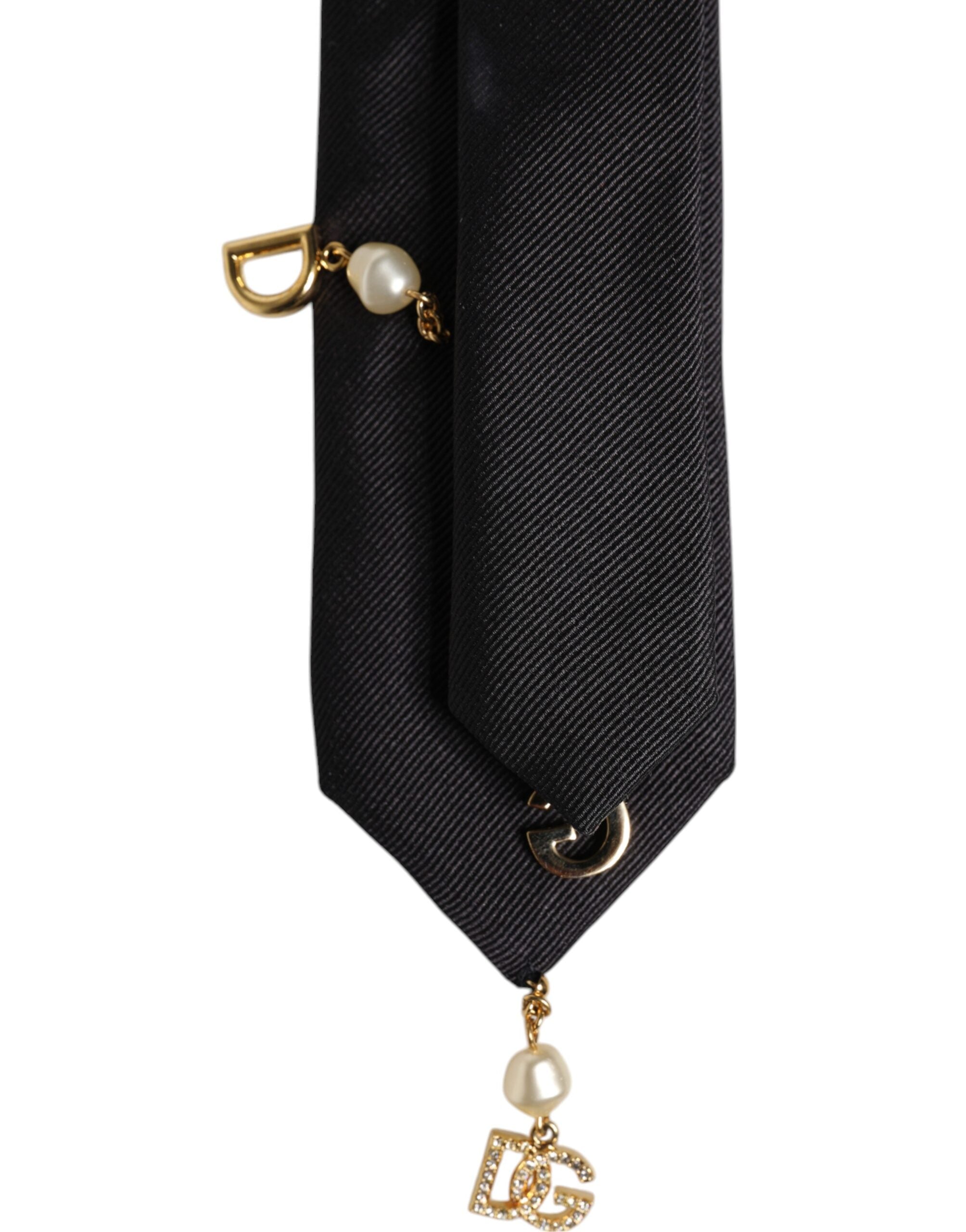 Black Logo Embellished Adjustable Necktie Tie - ventzia