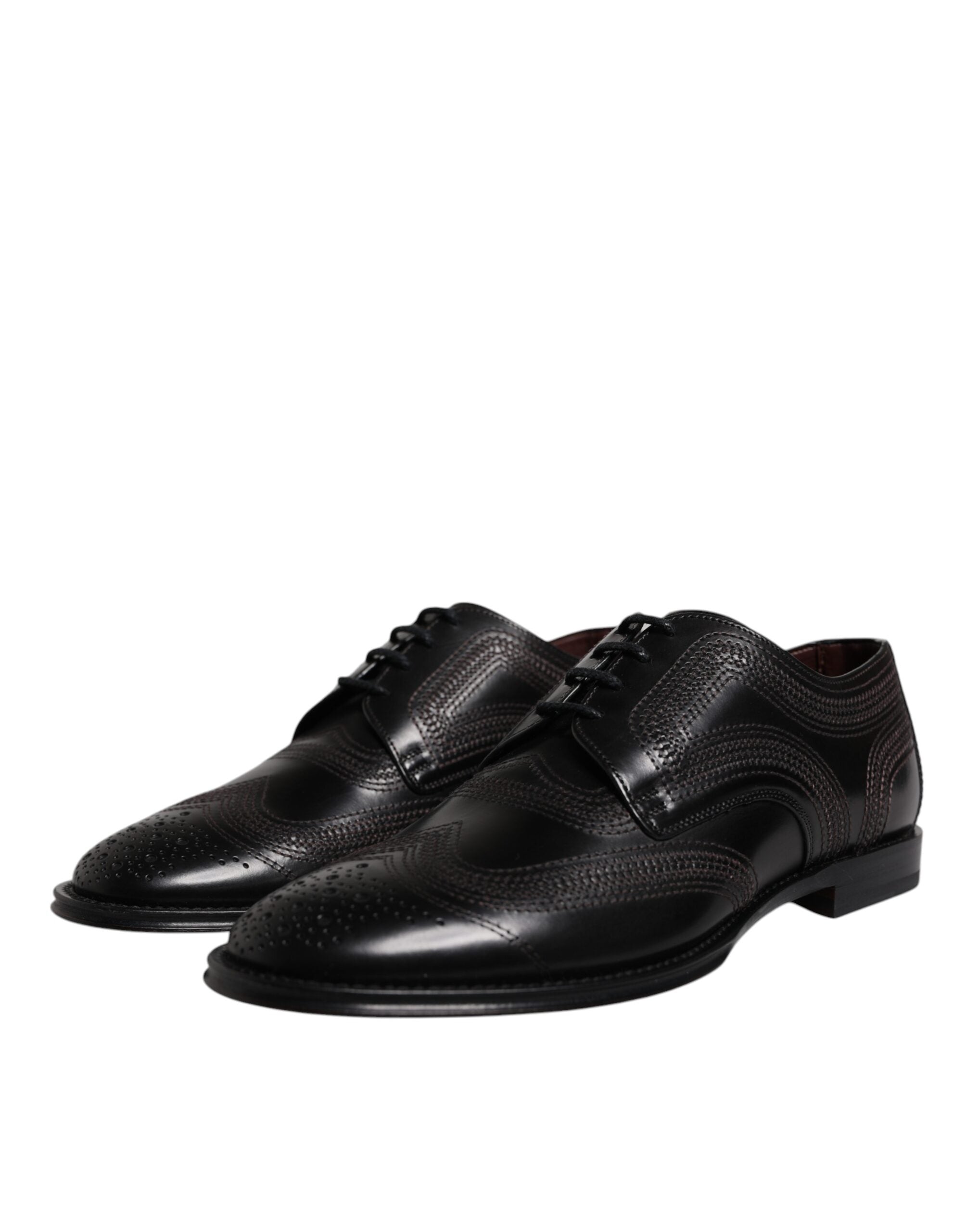 Black Embroidered Classic Leather Derby Dress Shoes - ventzia