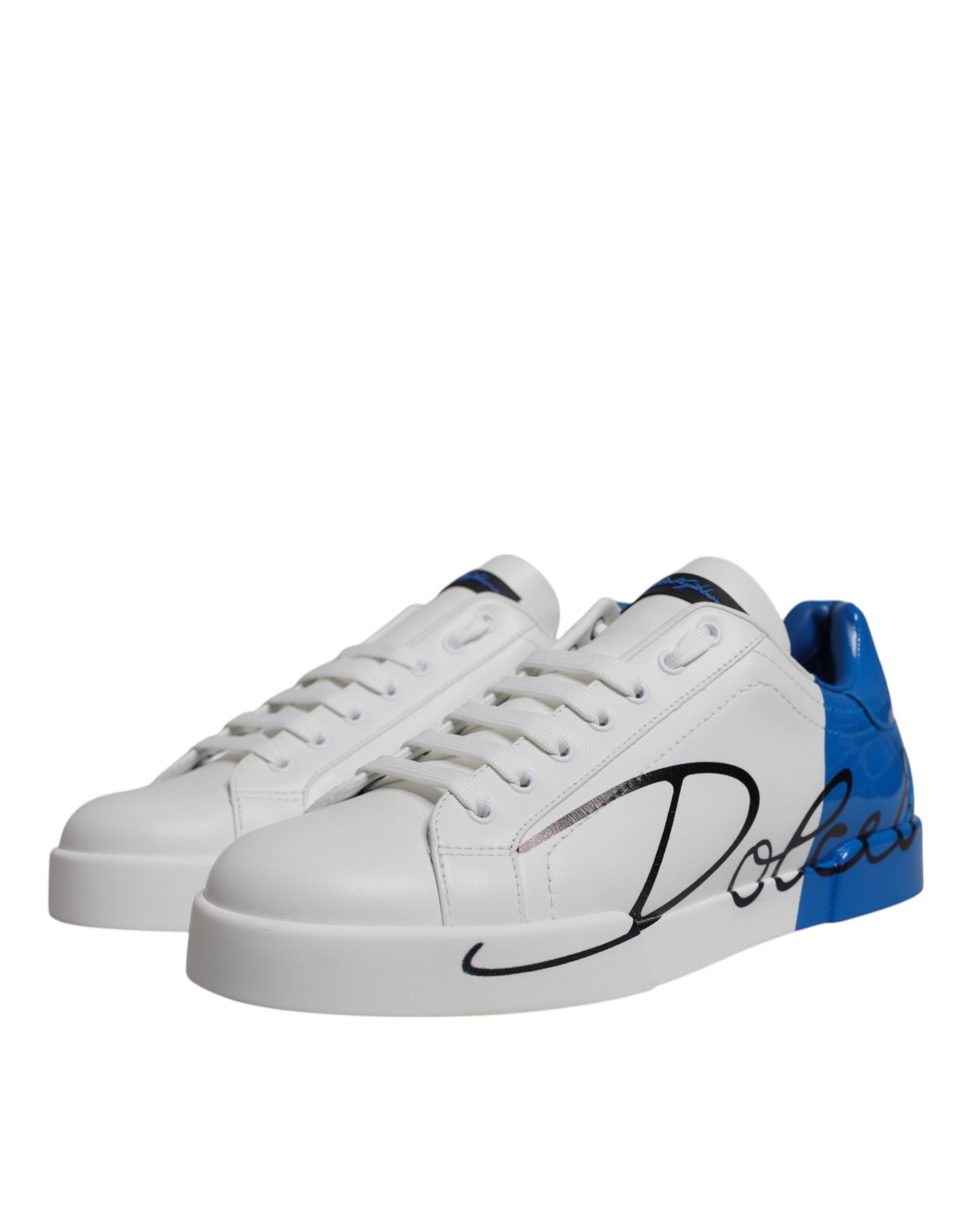 White Blue Leather Logo Low Top Sneakers Shoes - ventzia