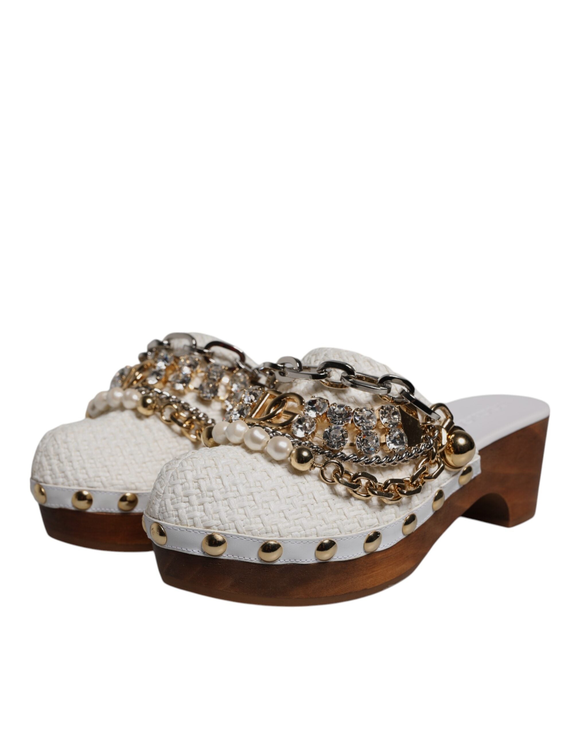 White Raffia Clogs Bejeweled Chain Sandals Shoes - ventzia